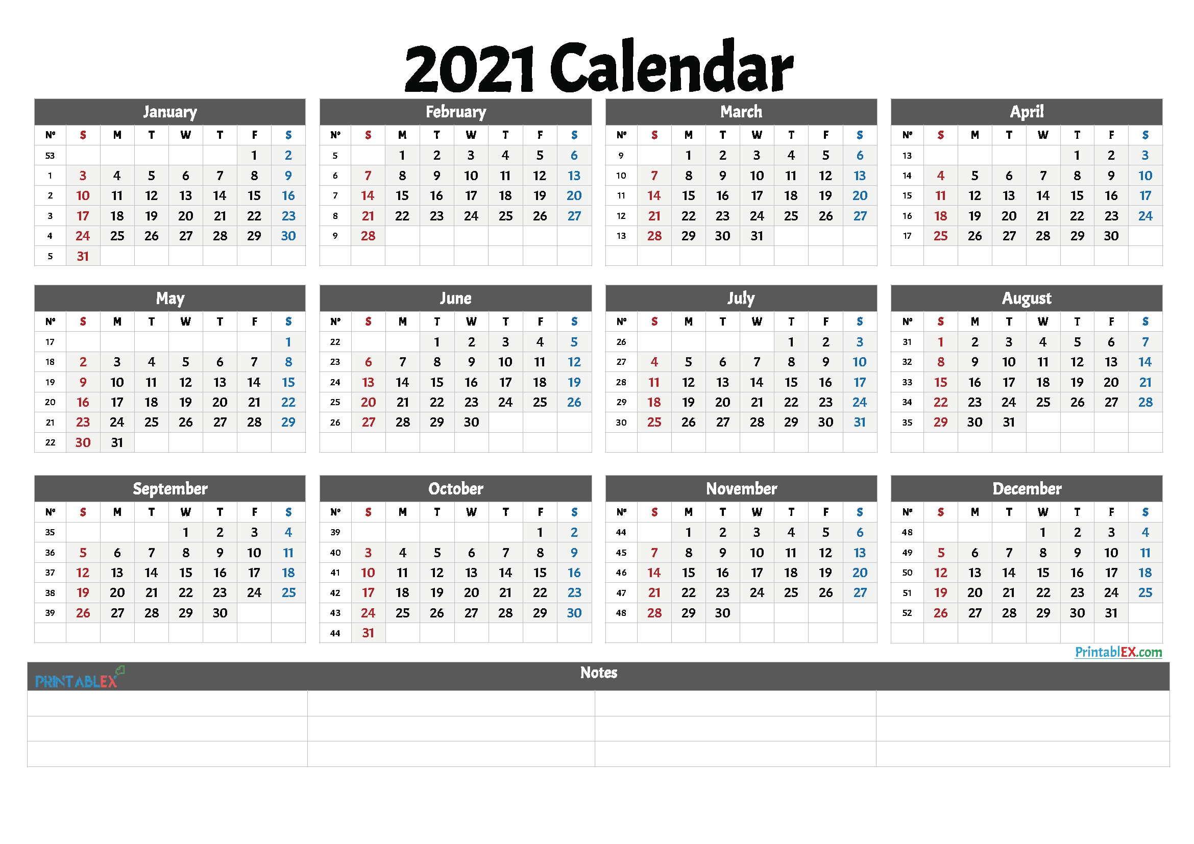 2021 Free Printable Yearly Calendar With Week Numbers – Free
