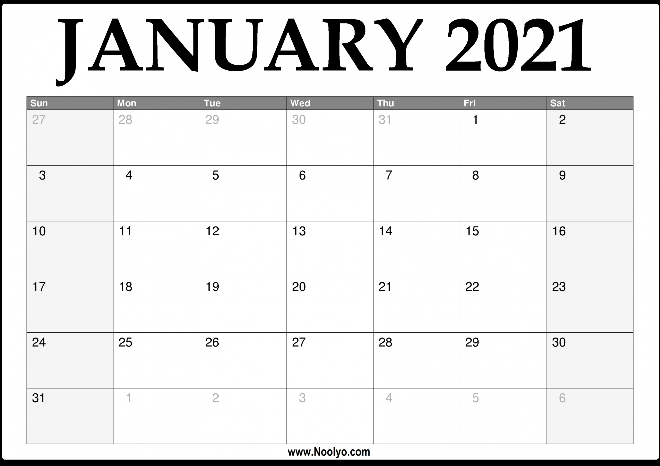 2021 January Calendar Printable – Download Free – Noolyo