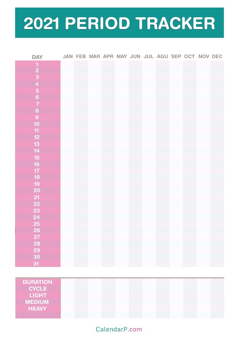 2021 Period Tracker Calendar, Free Printable Pdf, Jpg, Pink