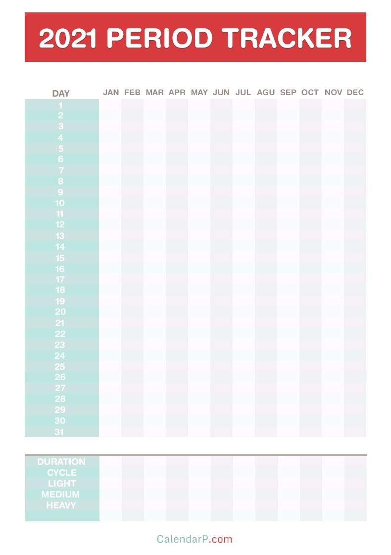 2021 Period Tracker Calendar, Free Printable Pdf, Jpg, Red