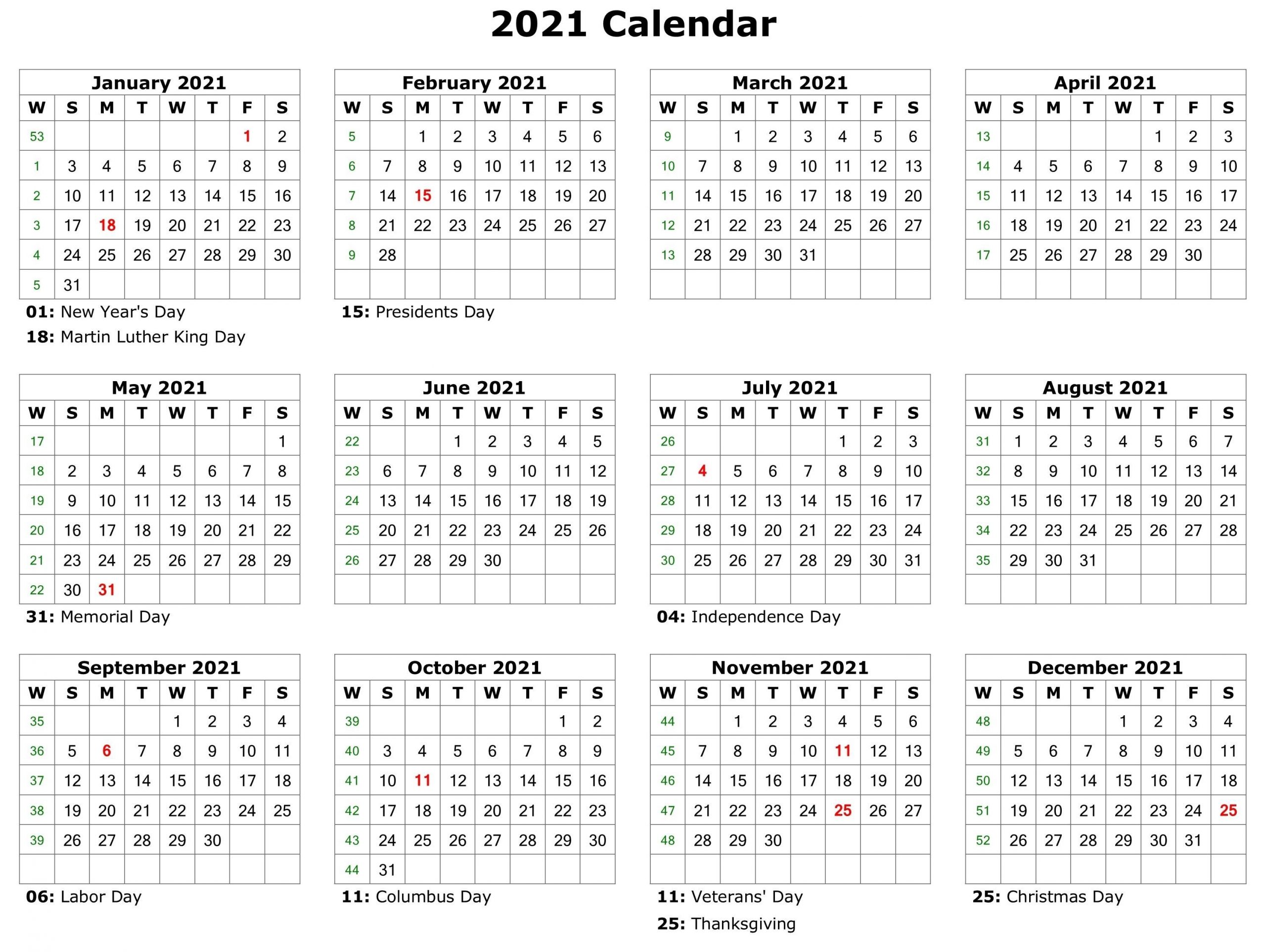 2021 12 Month Printable Calendar Free / Buy 12Month Large Print Wall