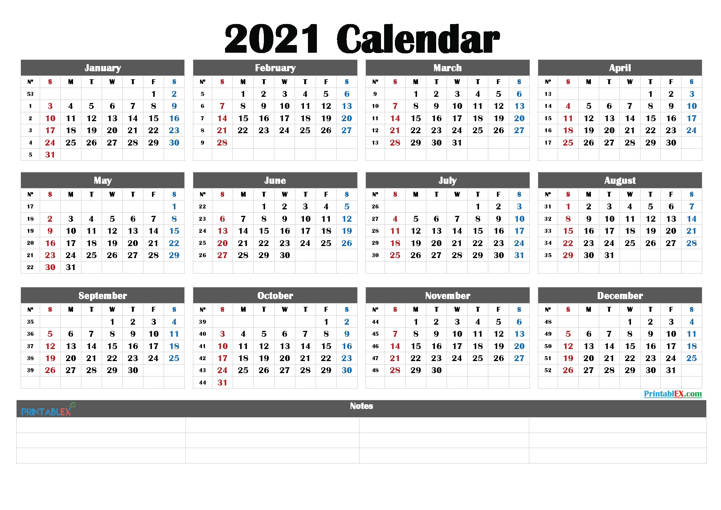 2021 Printable Yearly Calendar With Week Numbers – Free