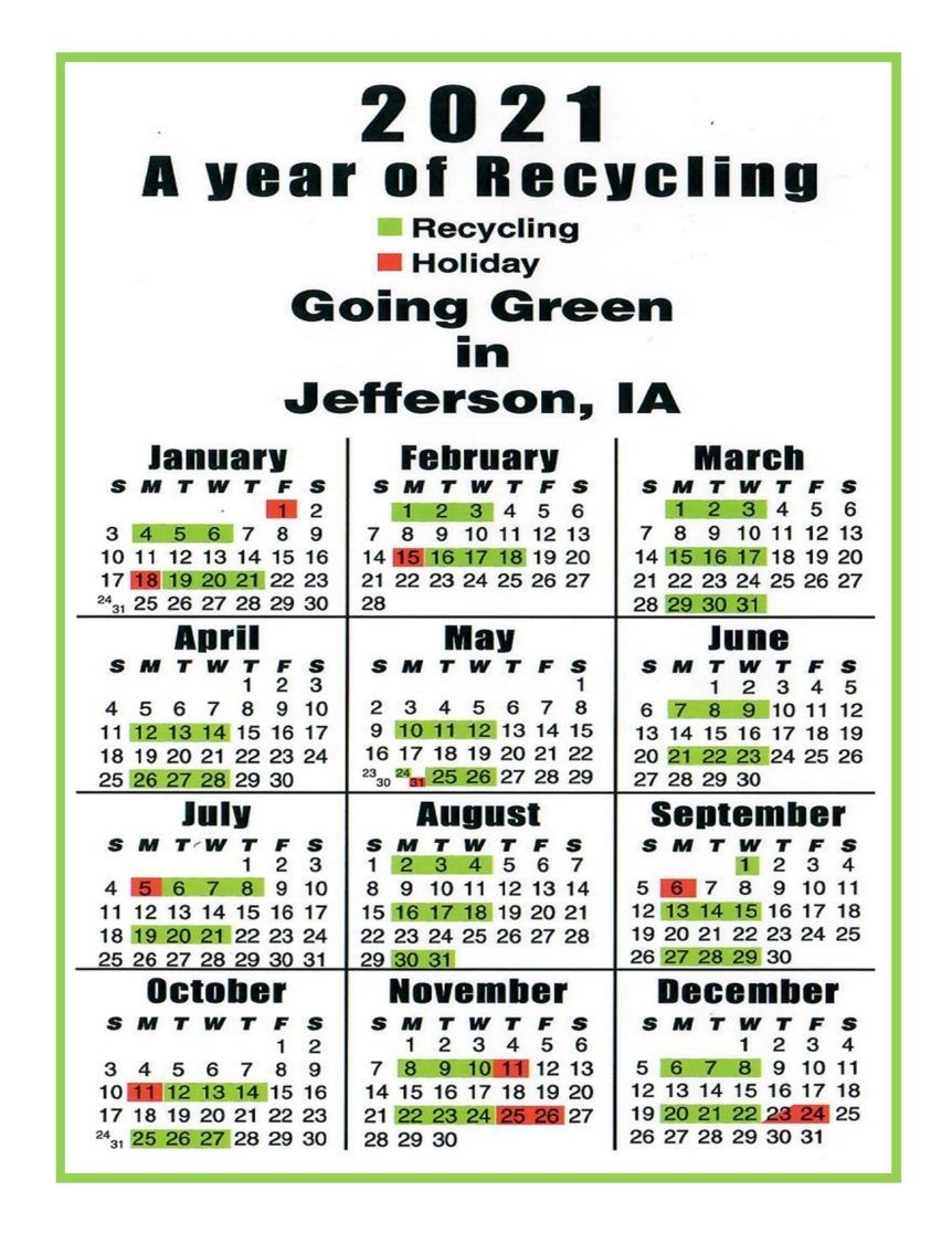 2021 Recycling Calendars - City Of Jefferson Iowa