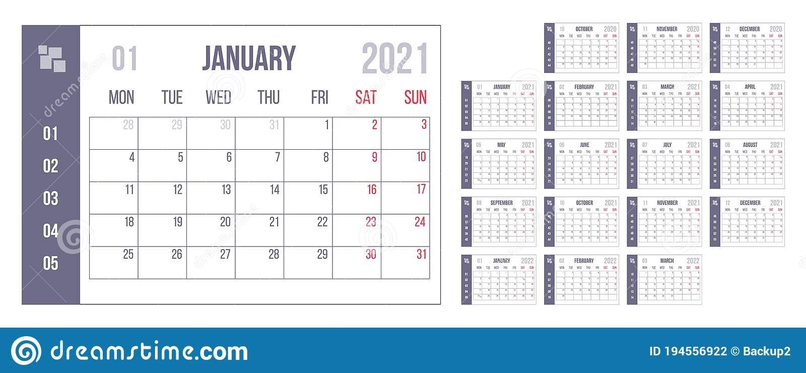 2021 Year Blue Calendar. Month Countdown Page Set. Day, Week