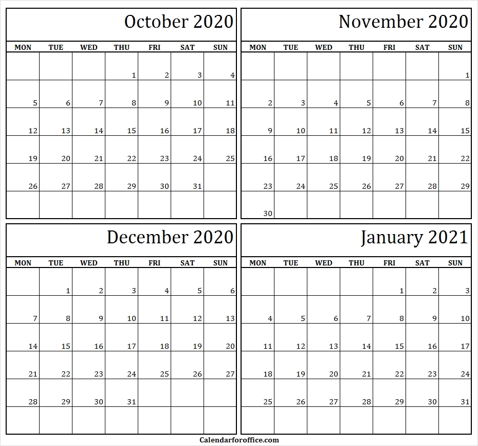 4 Month Calendar October November December 2020 January 2021