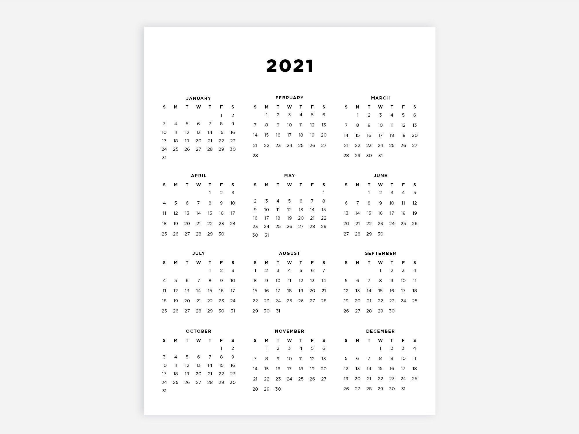 8.5X11 Printable Calendar 2021 Letter Calendar 2021 Year