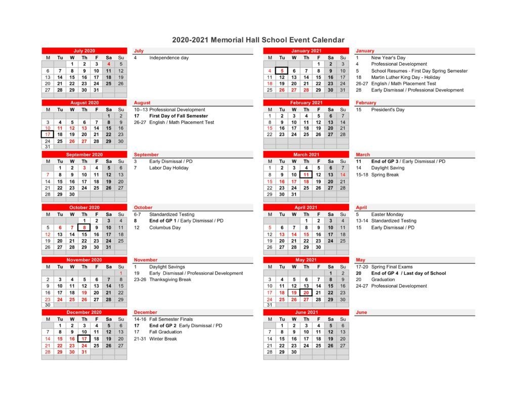 Academic Calendar 2020-21 | Memorial Hall School