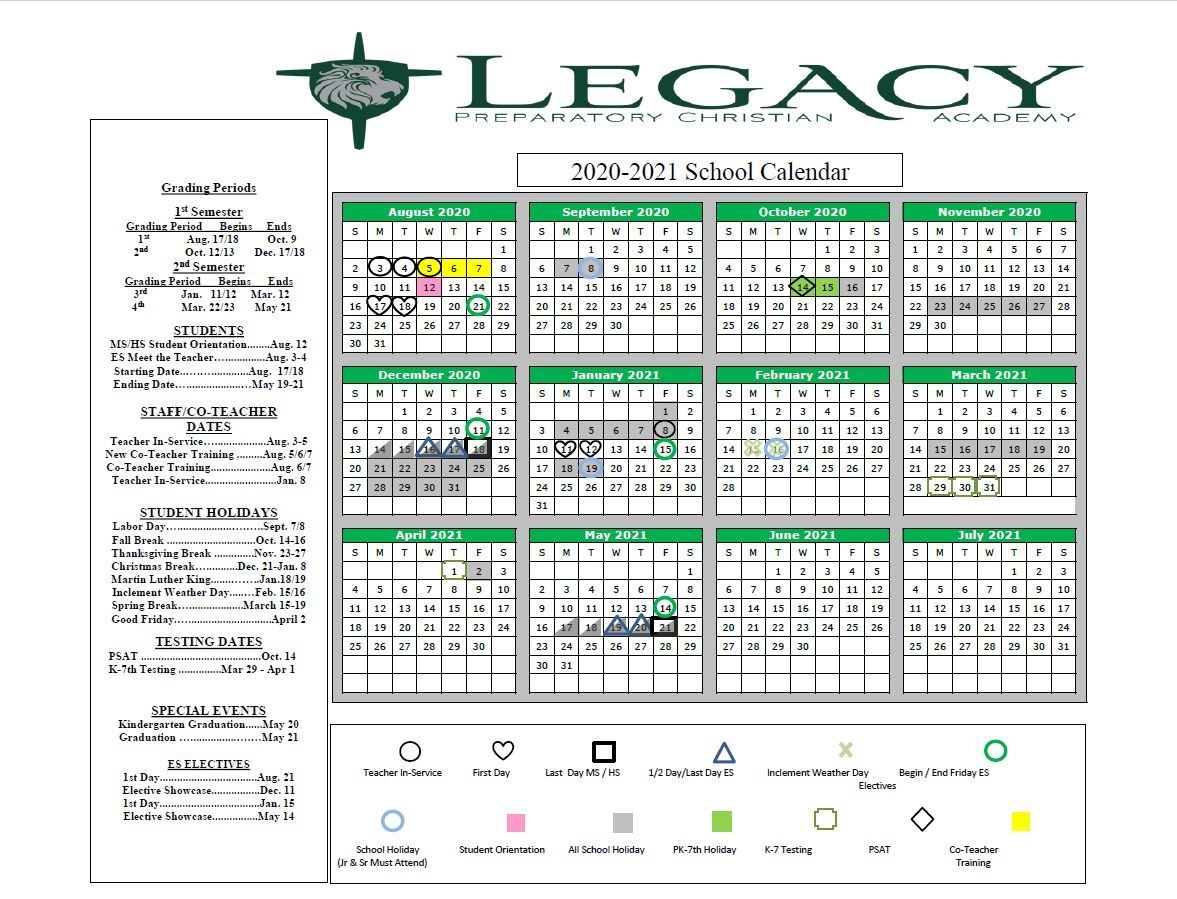 Academic Calendar - Legacy Preparatory Christian Academy