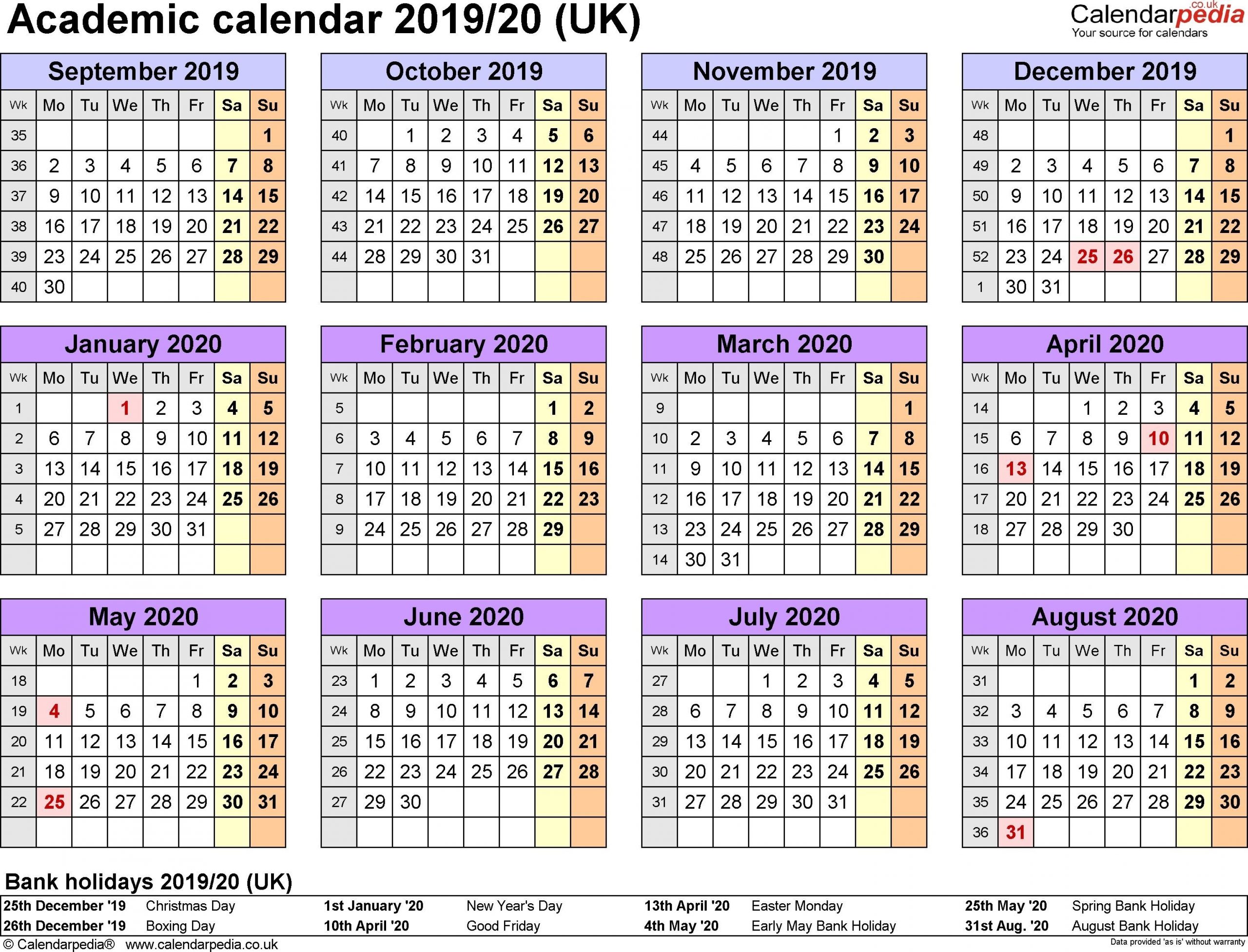 Academic Calendars 2019/2020 As Free Printable Excel