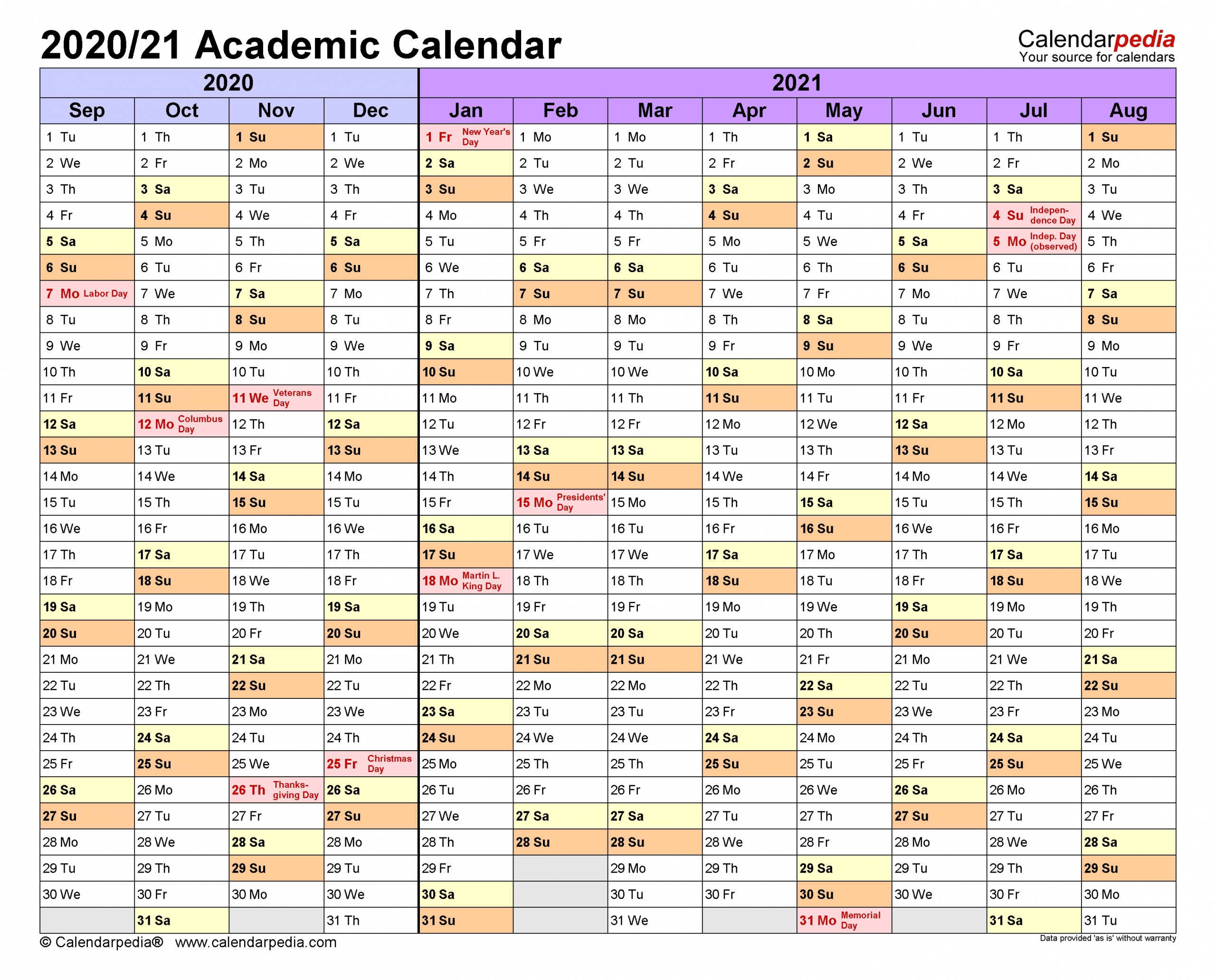 Academic Calendars 2020/2021 - Free Printable Word Templates