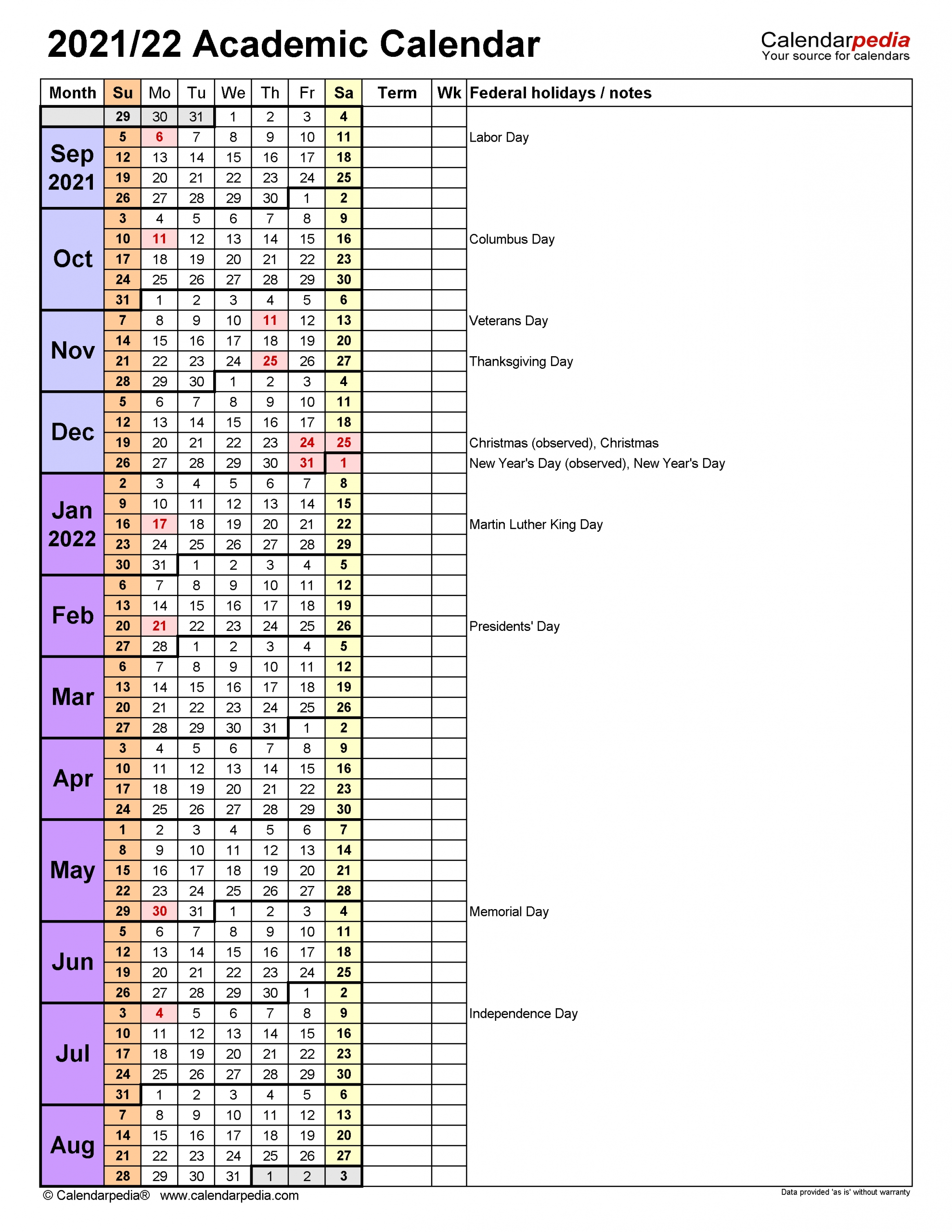 Academic Calendars 2021/2022 - Free Printable Word Templates