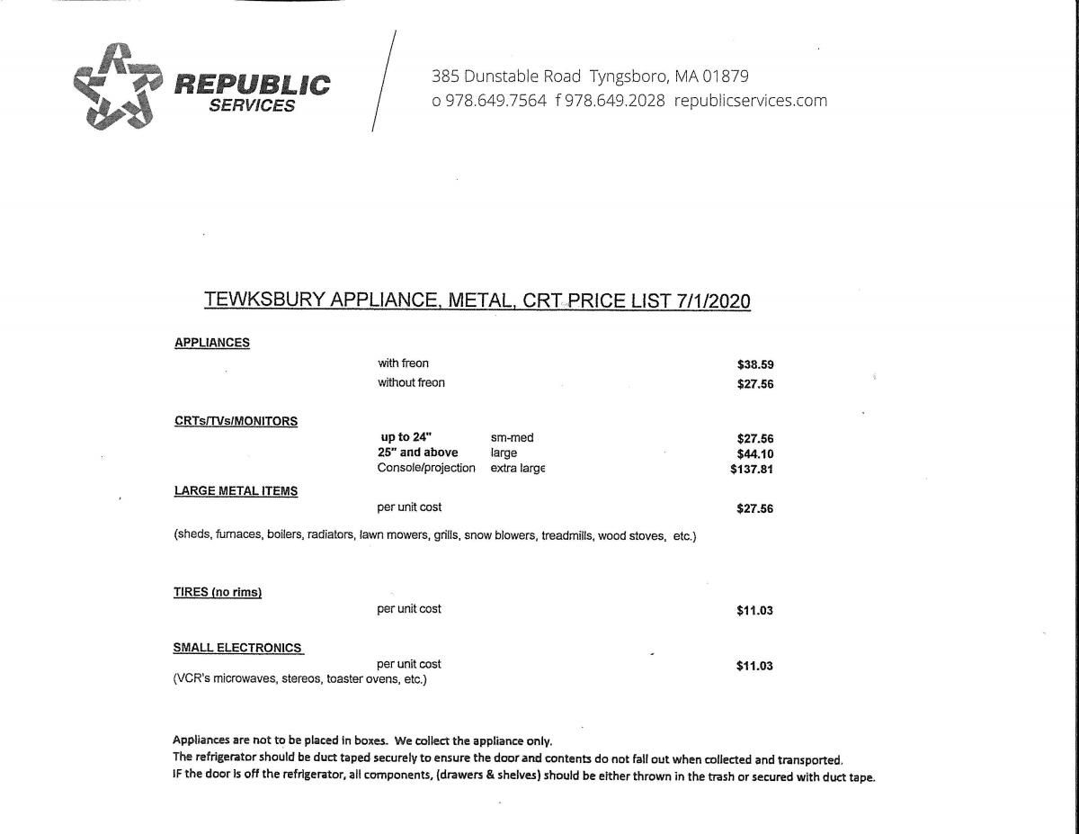 Appliance, Electronic, And Furniture Pickup Price List