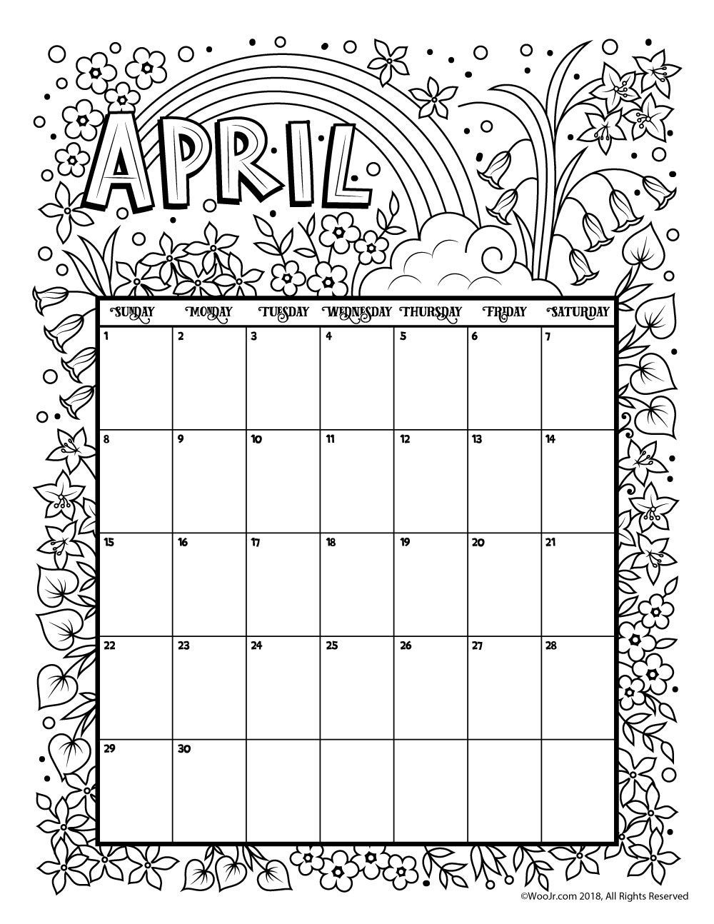 April 2018 Coloring Calendar Page | Woo! Jr. Kids Activities