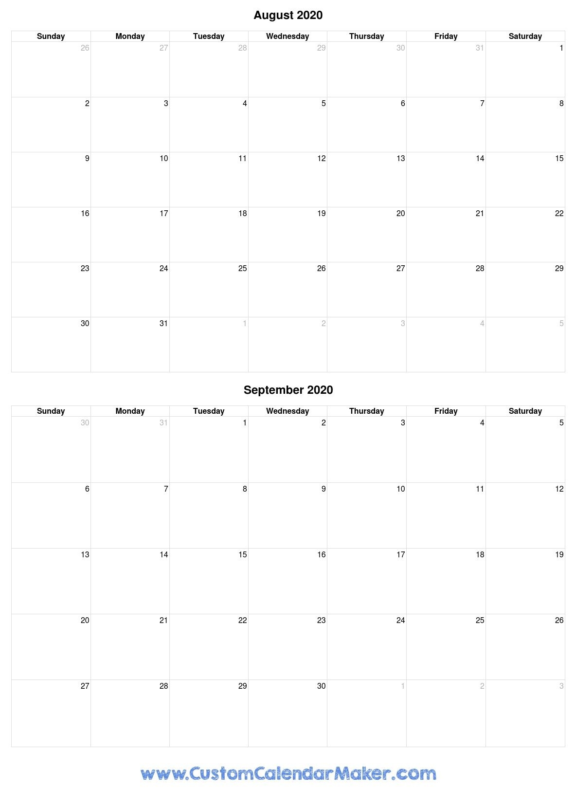 August And September 2020 Printable Calendar Template