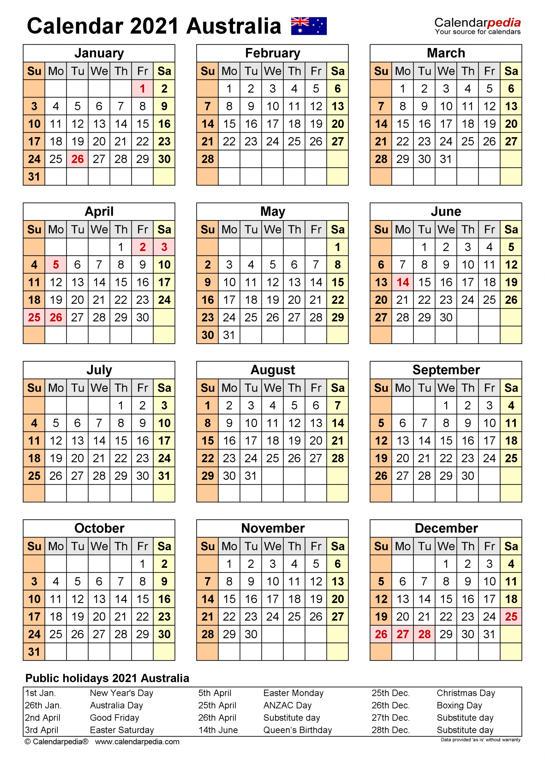 Australia Calendar 2021 - Free Printable Excel Templates