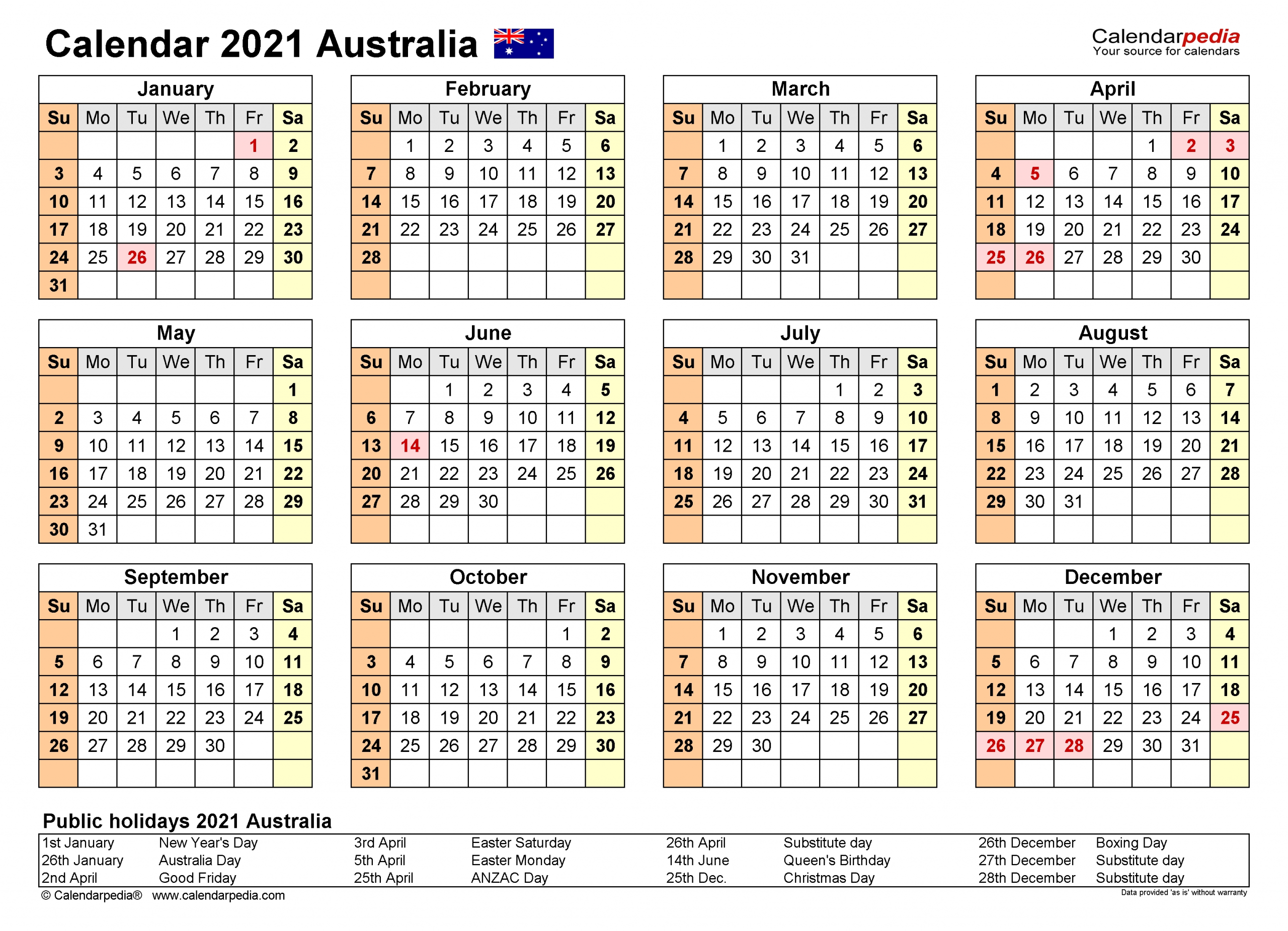 Australia Calendar 2021 - Free Printable Excel Templates