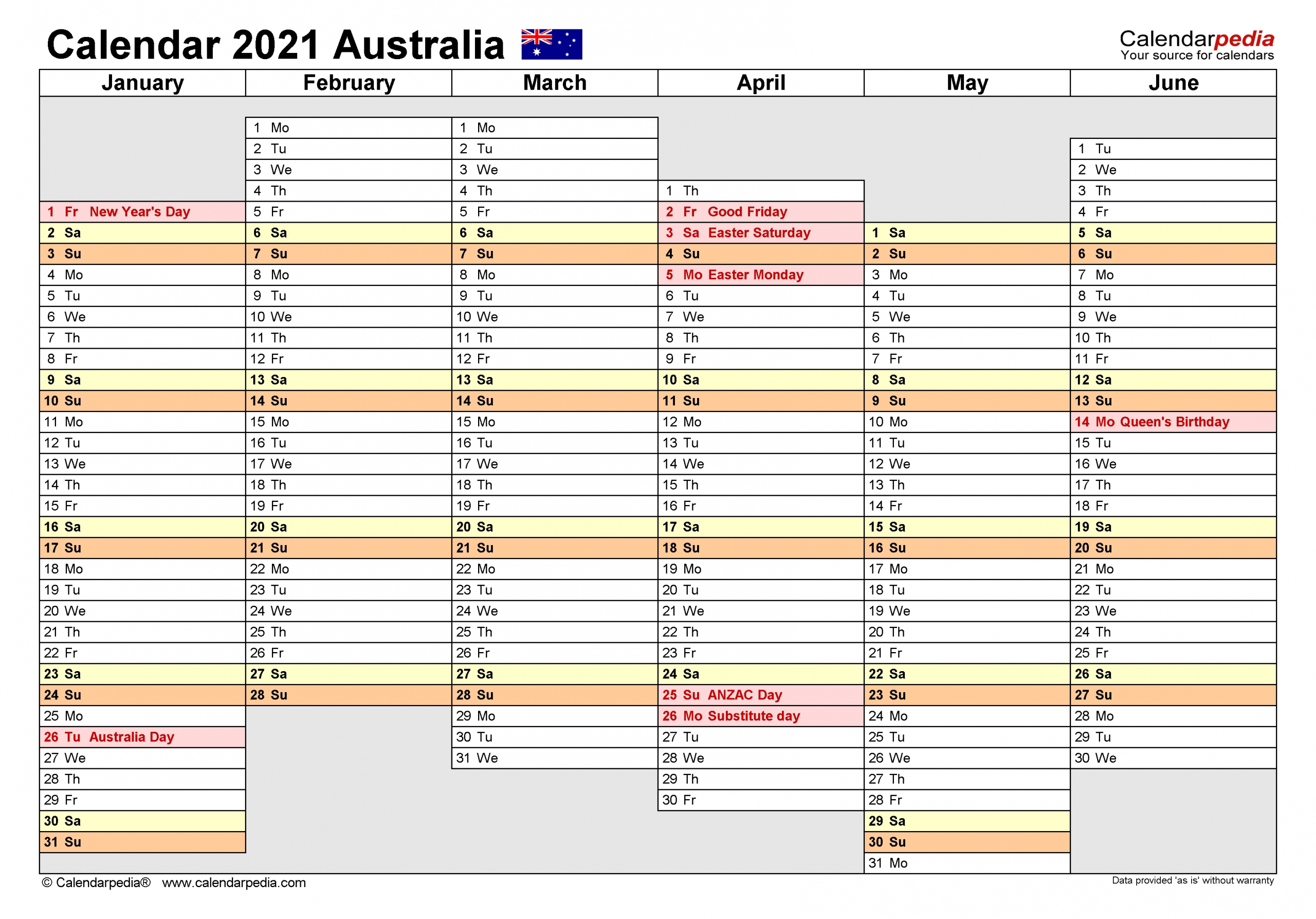 Australia Calendar 2021 - Free Printable Excel Templates