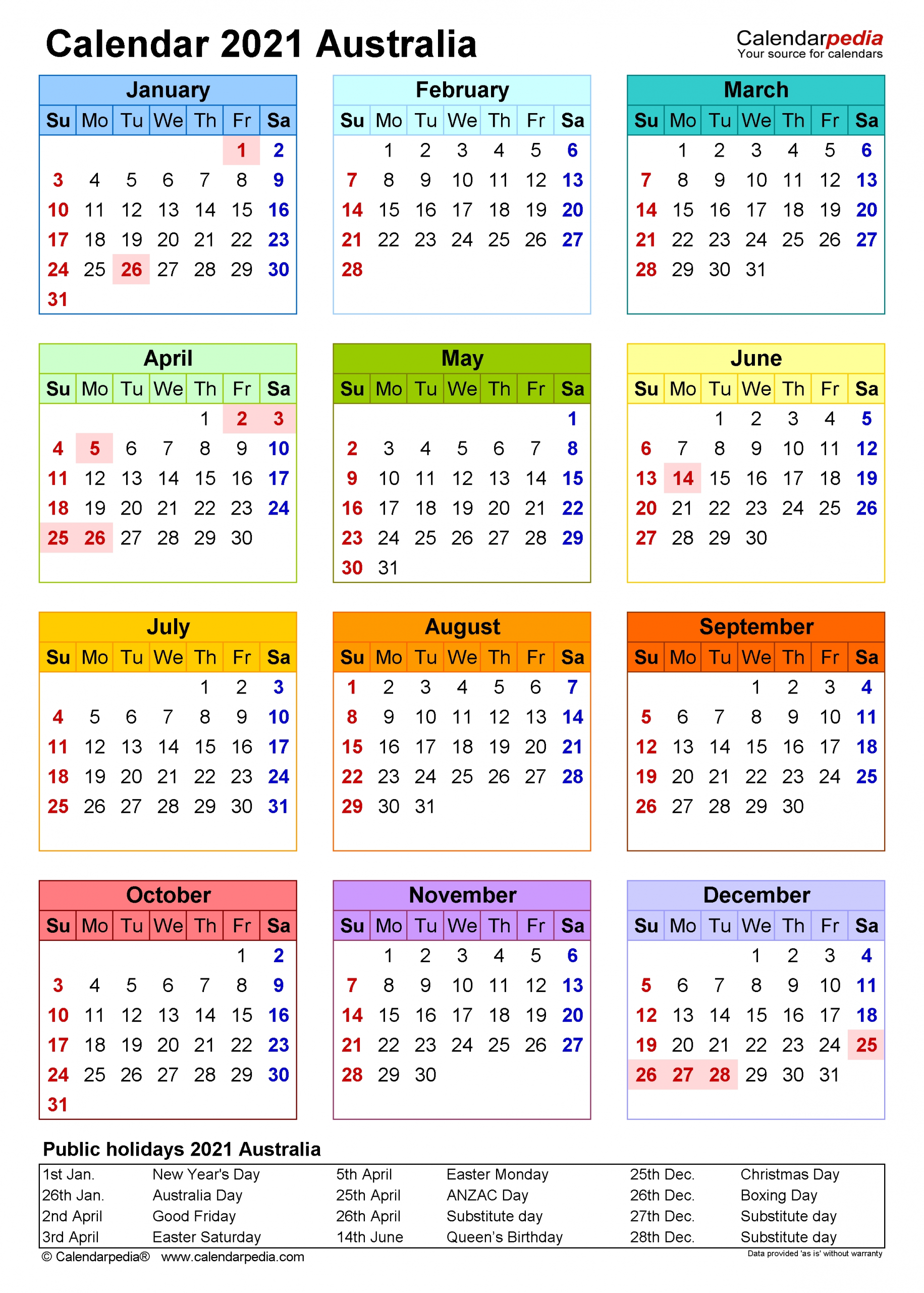 Australia Calendar 2021 - Free Printable Word Templates