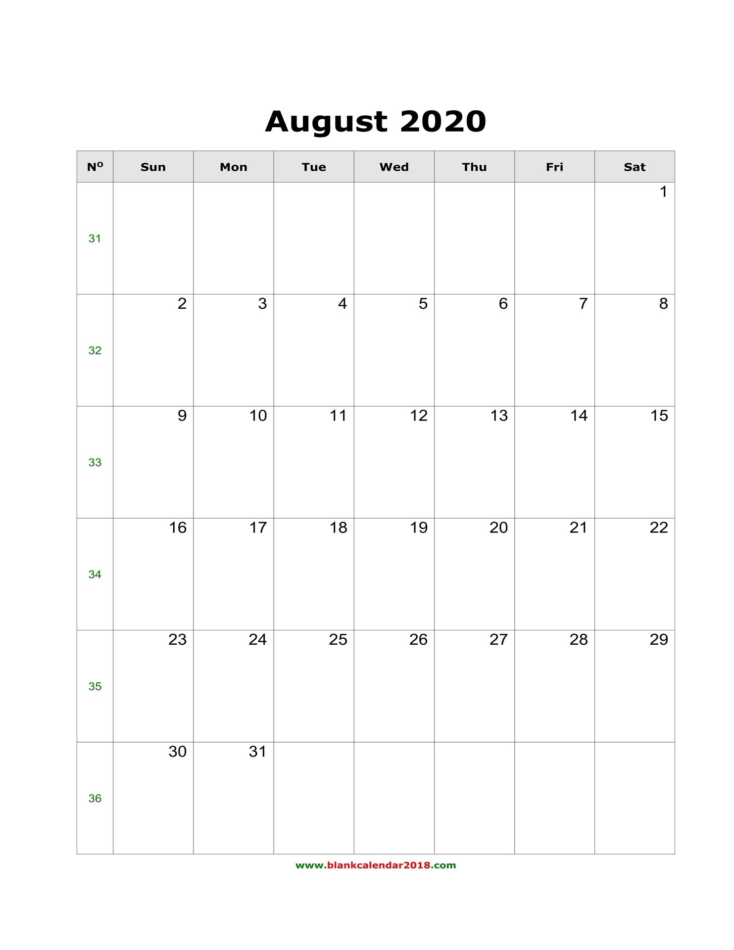 Blank Calendar For August 2020