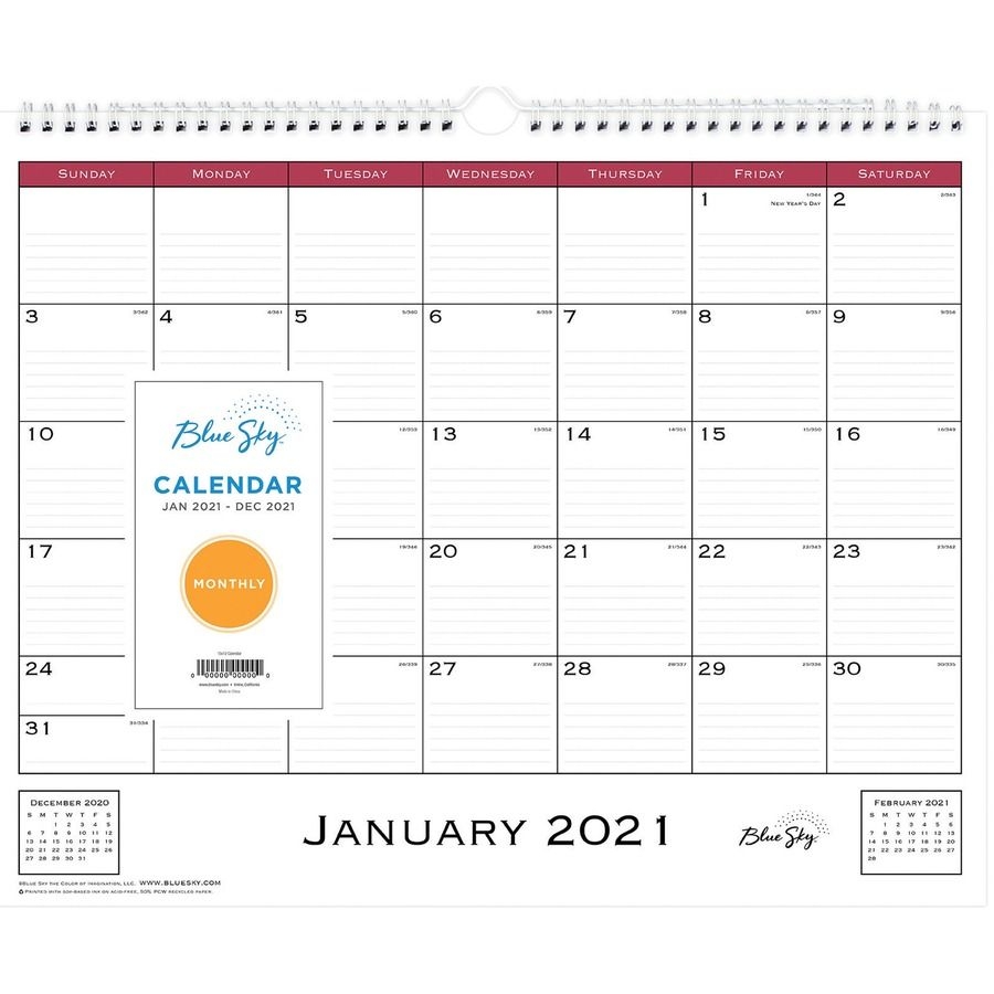 Blue Sky Classic Monthly Wall Calendar - Julian Dates - Monthly - 1 Year -  January 2021 Till December 2021 - Wire Bound - Bleed Resistant Paper, Notes
