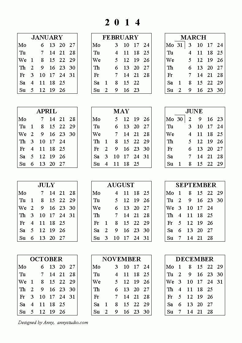 Calendar 2014 Printable One Page | Printable Calendars 2014
