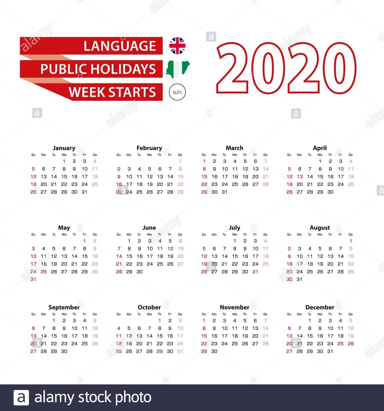 Calendar 2020 In English Language With Public Holidays The