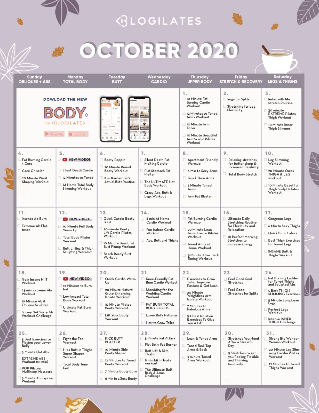 Universal August 2021 Blogilates Calendar