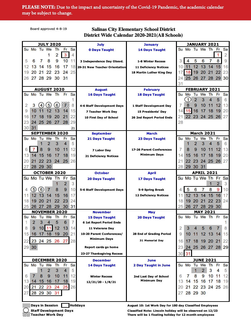 Calendar &amp; Events — Salinas City Elementary School District