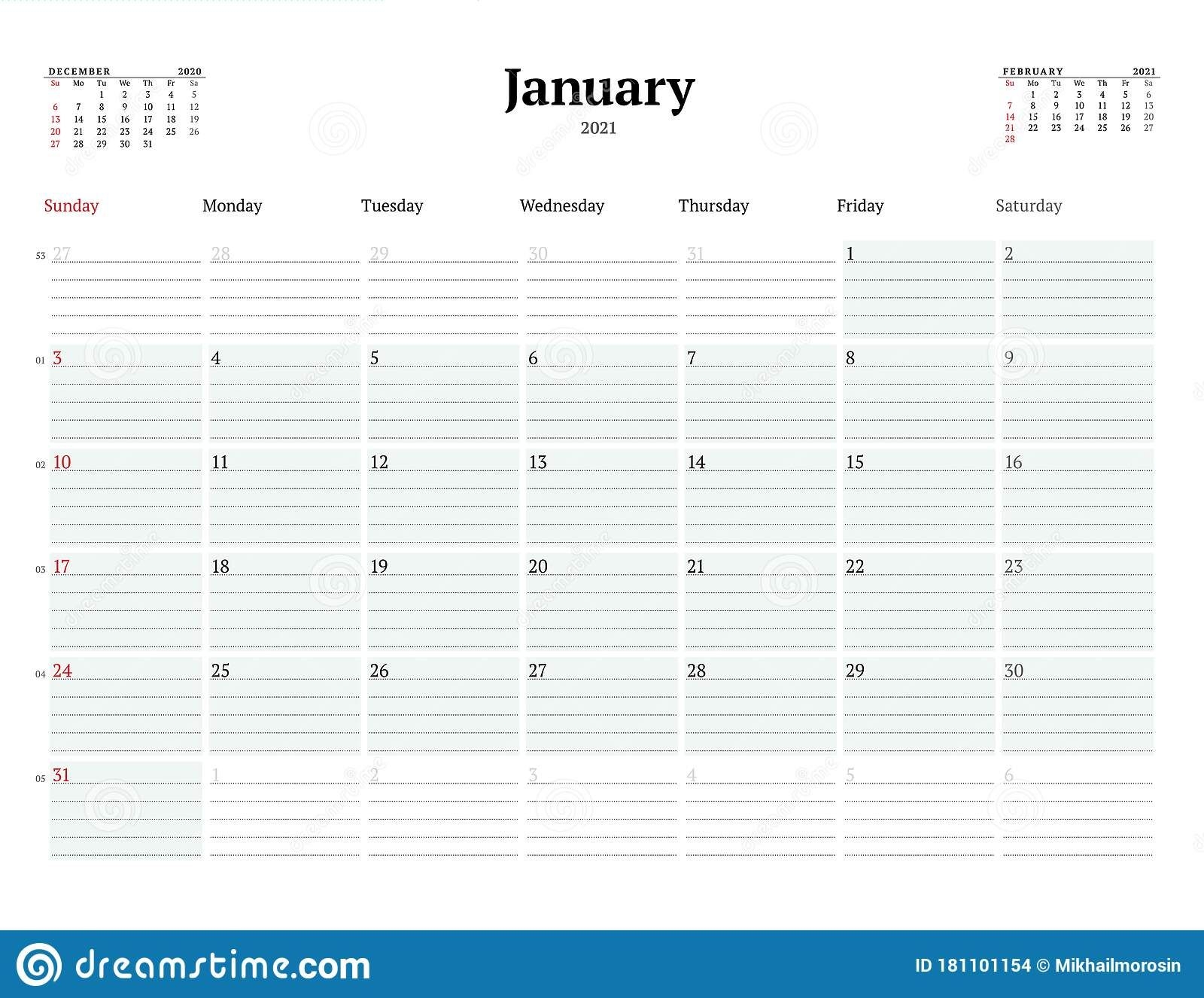 Calendar Template For January 2021. Business Monthly Planner