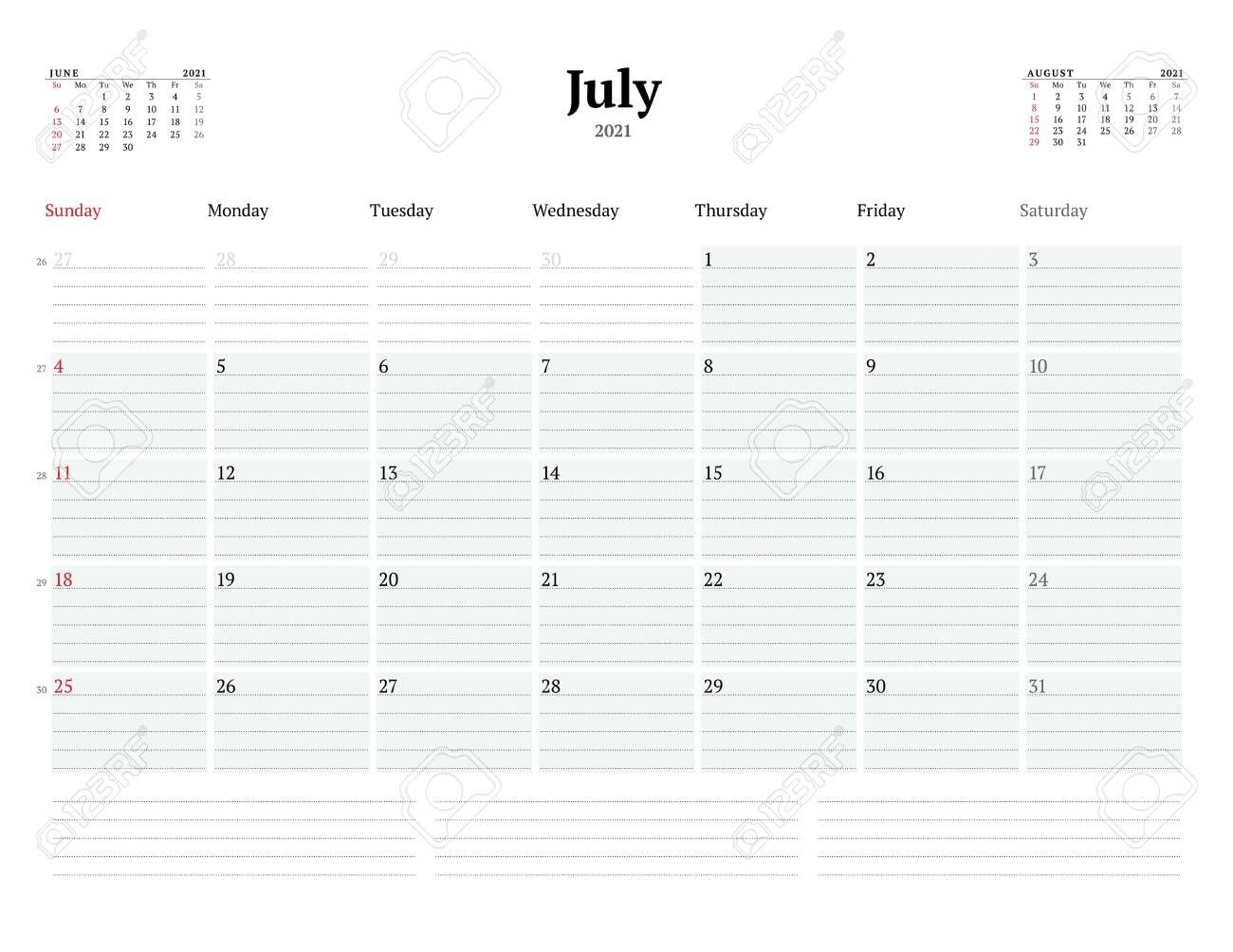 Calendar Template For July 2021. Business Monthly Planner With..