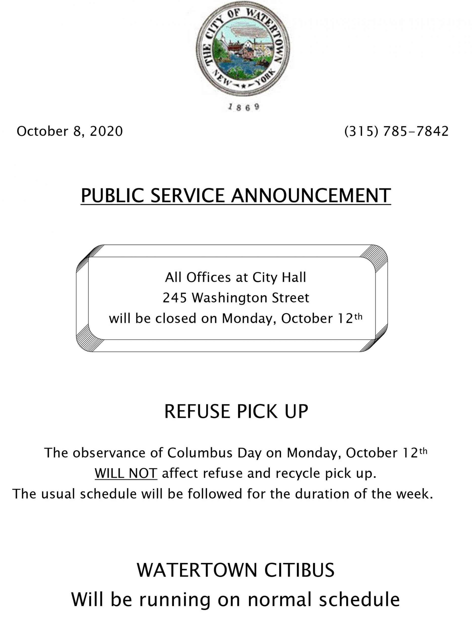 City Of Watertown Columbus Day 2020 Schedule | Newzjunky