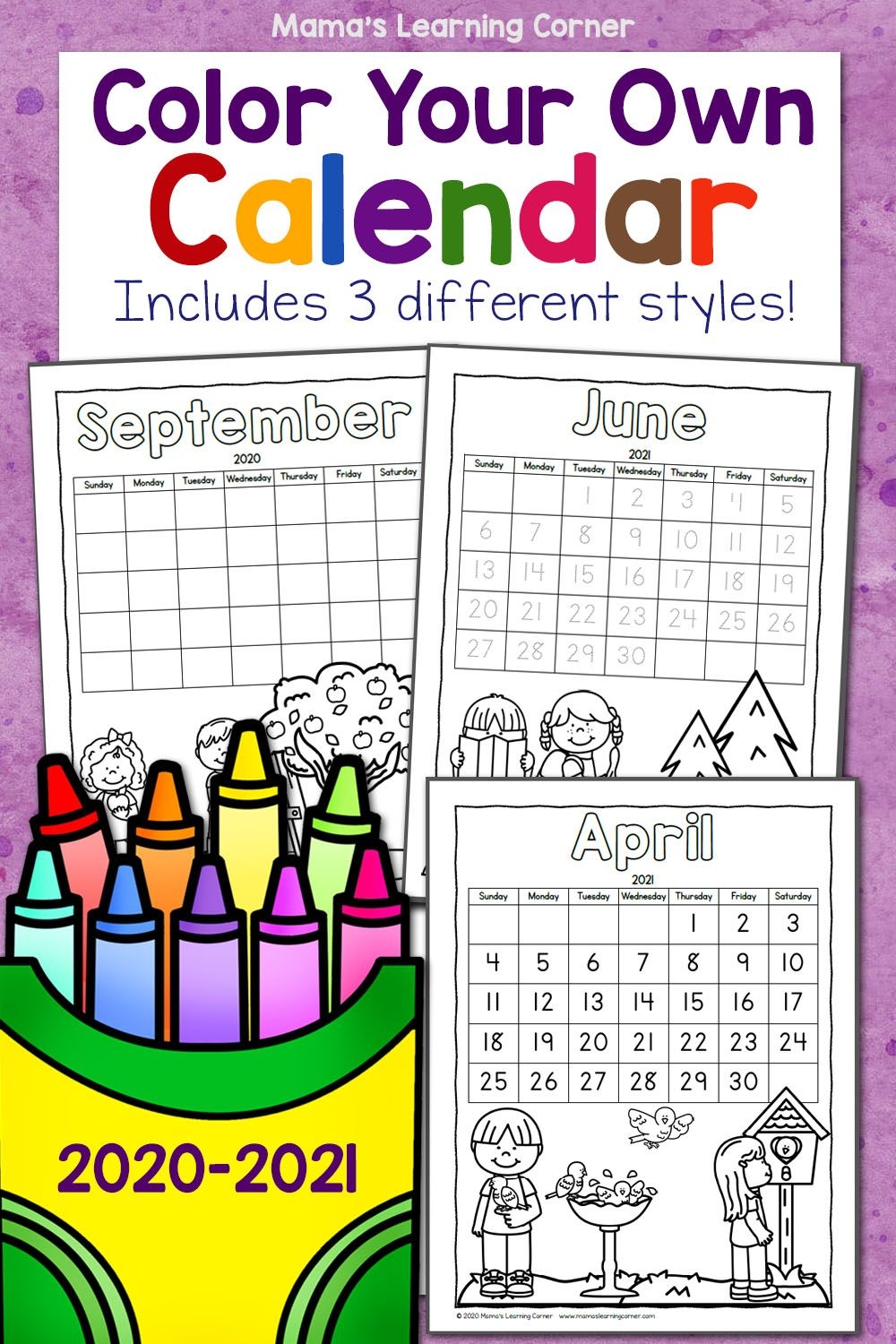 Color Your Own Calendar 2020-2021 - Mamas Learning Corner
