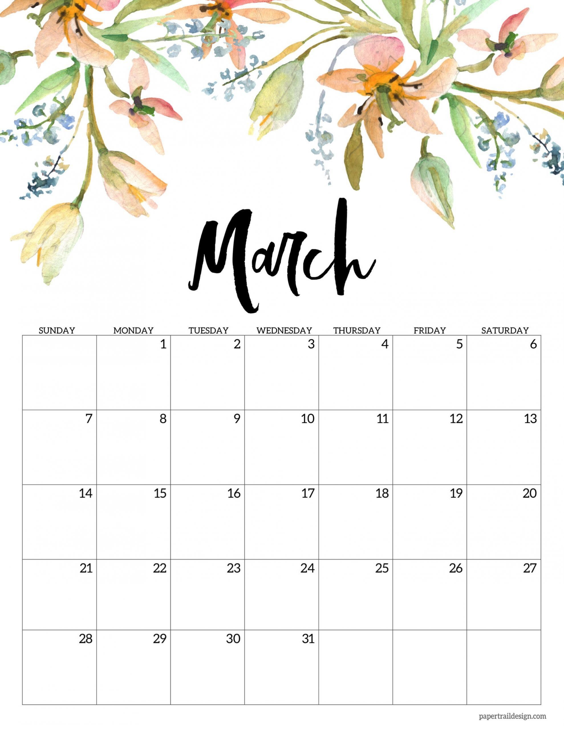 Cute March 2021 Floral Calendar In 2020 | Monthly Calendar