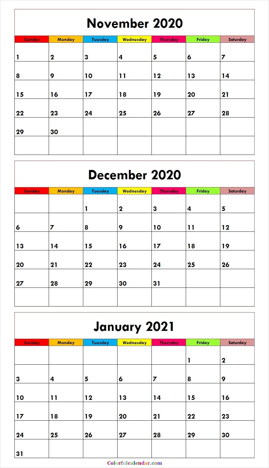 Cute November December 2020 January 2021 Calendar Template