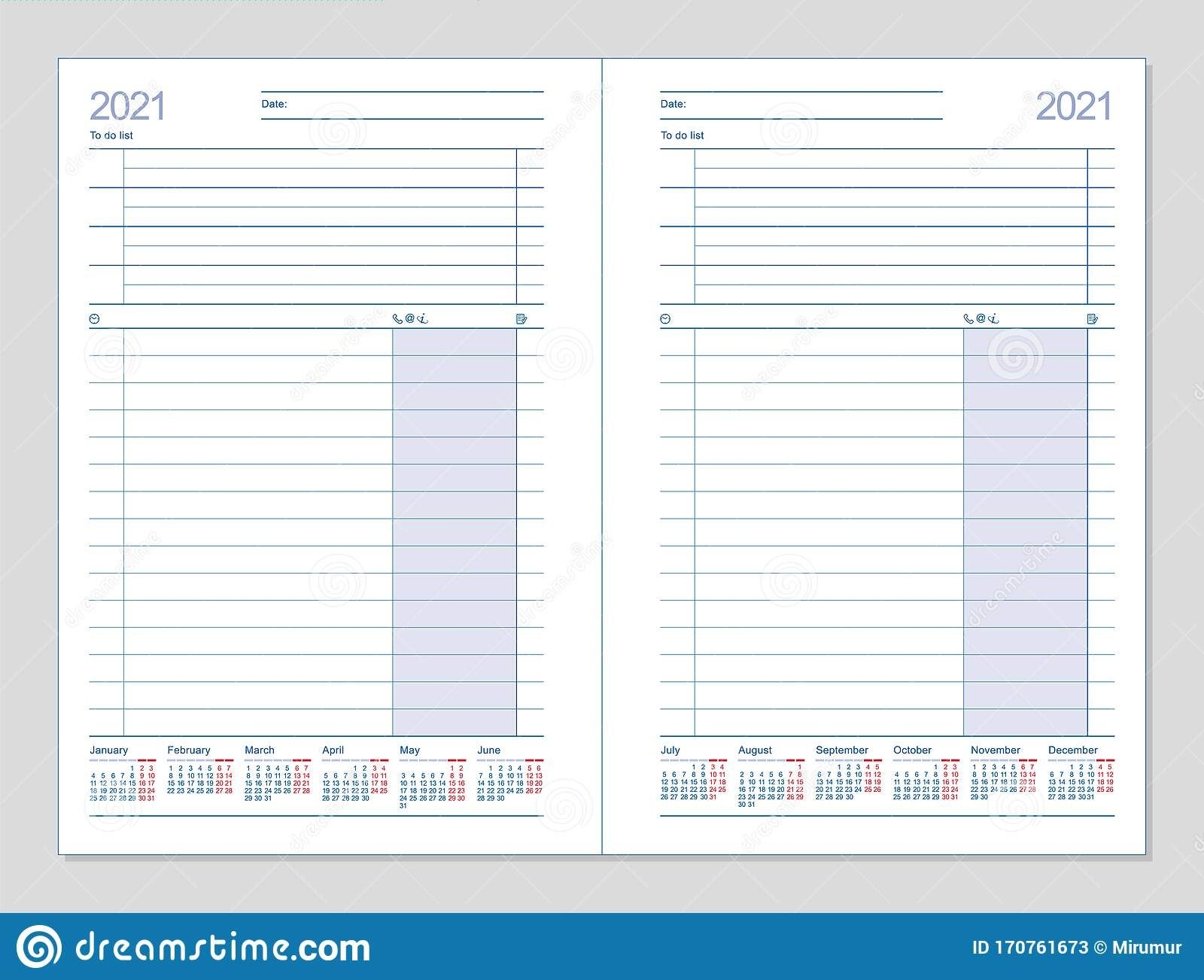 Datebook 2021. Diary 2021. Daily Planner 2021 Stock Vector