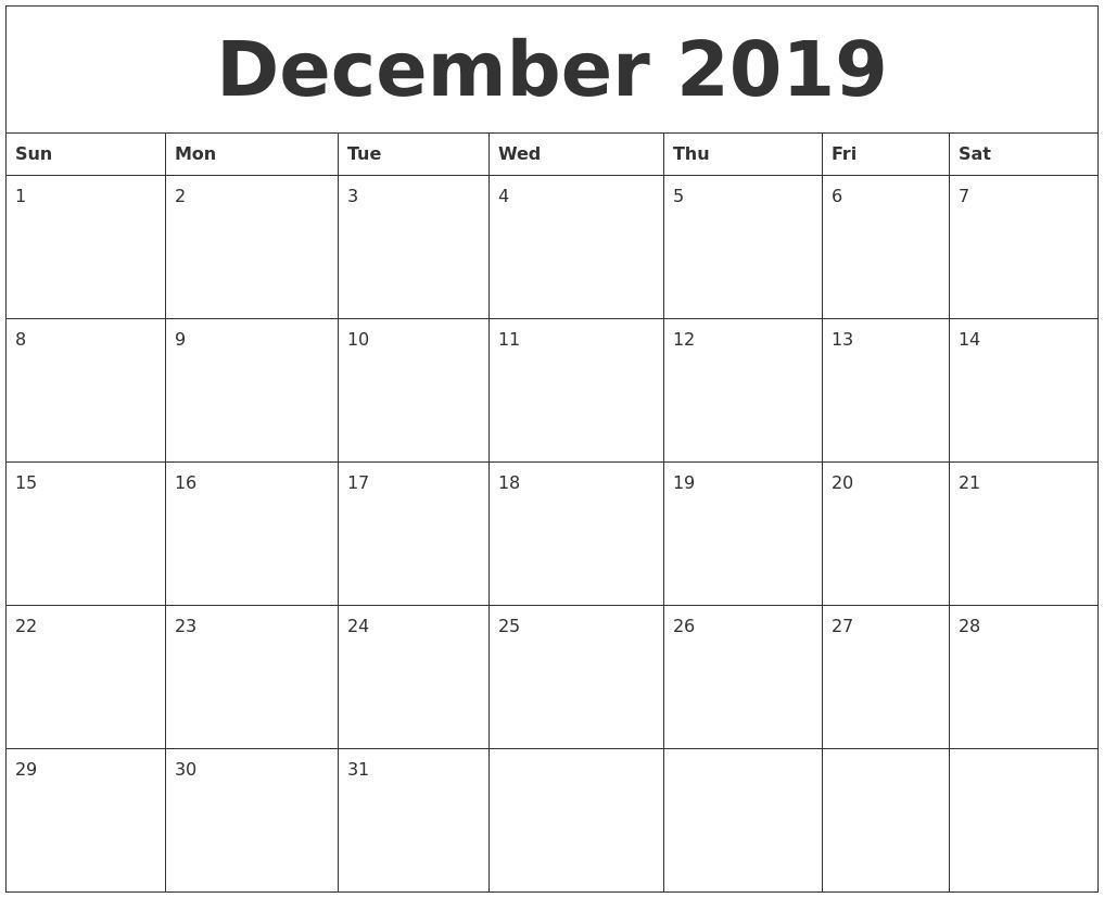 December 2019 Blank Monthly Calendar Template Catch Check