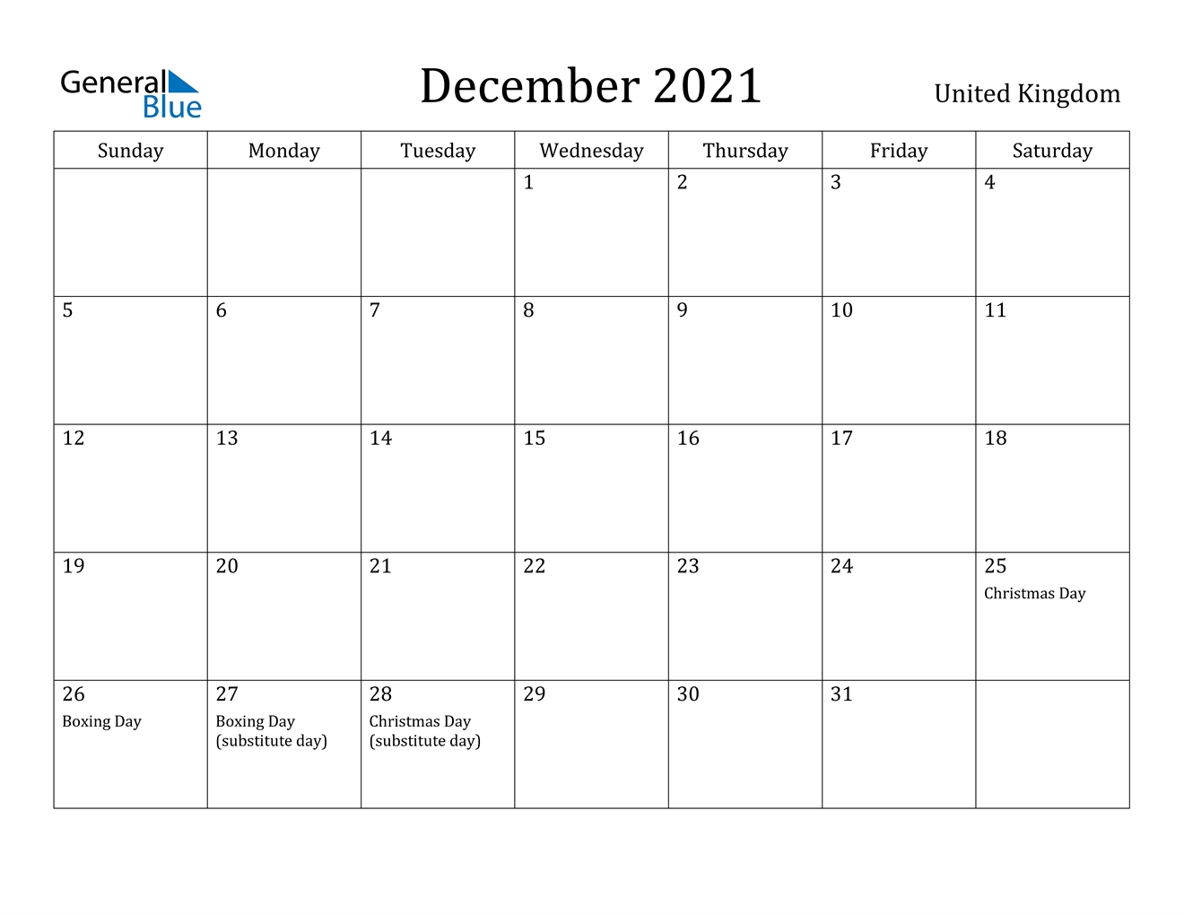 December 2021 Calendar - United Kingdom