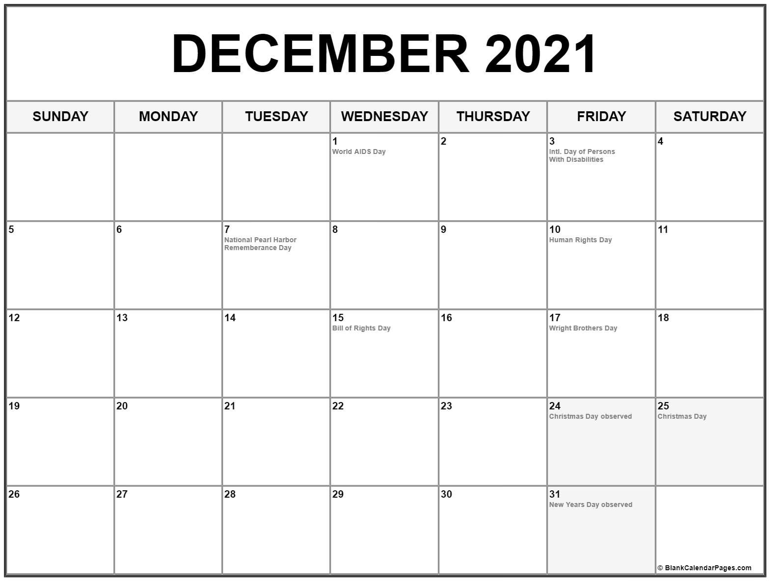 December 2021 Calendar With Holidays