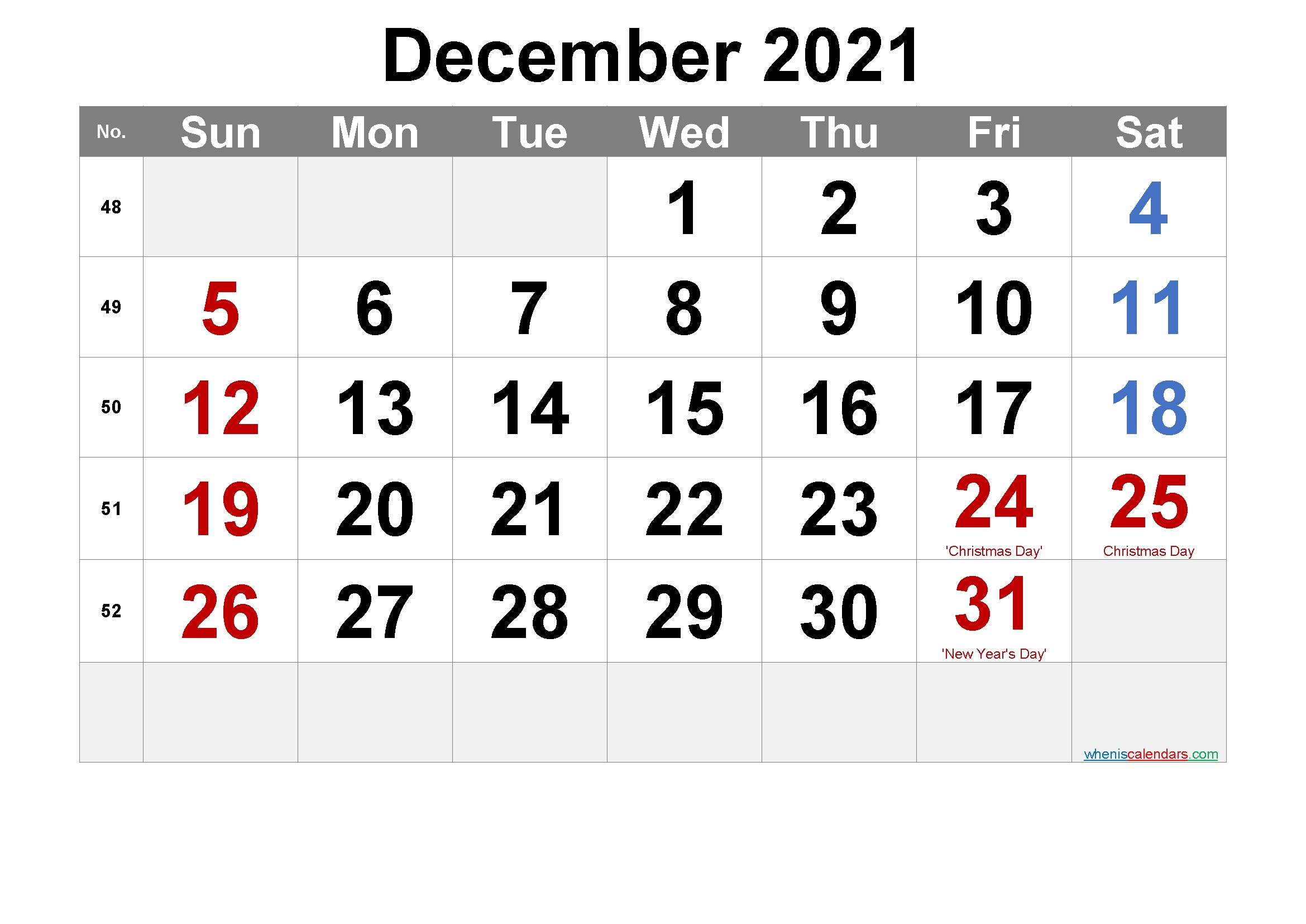 December 2021 Printable Calendar With Holidays – Free