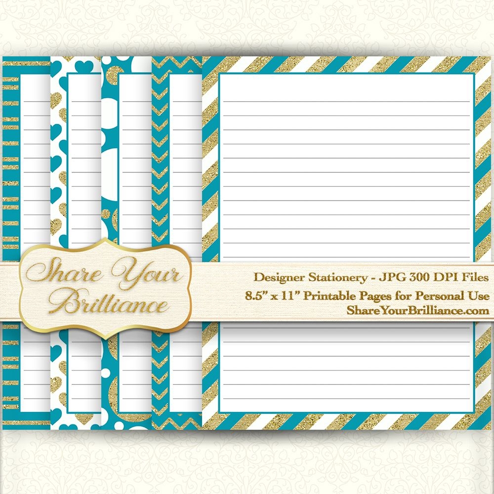 Digital Stationery - Lined Pages - 8.5&quot;X11&quot; 5 Pack - Gold &amp; Teal Designs -  Printable Download