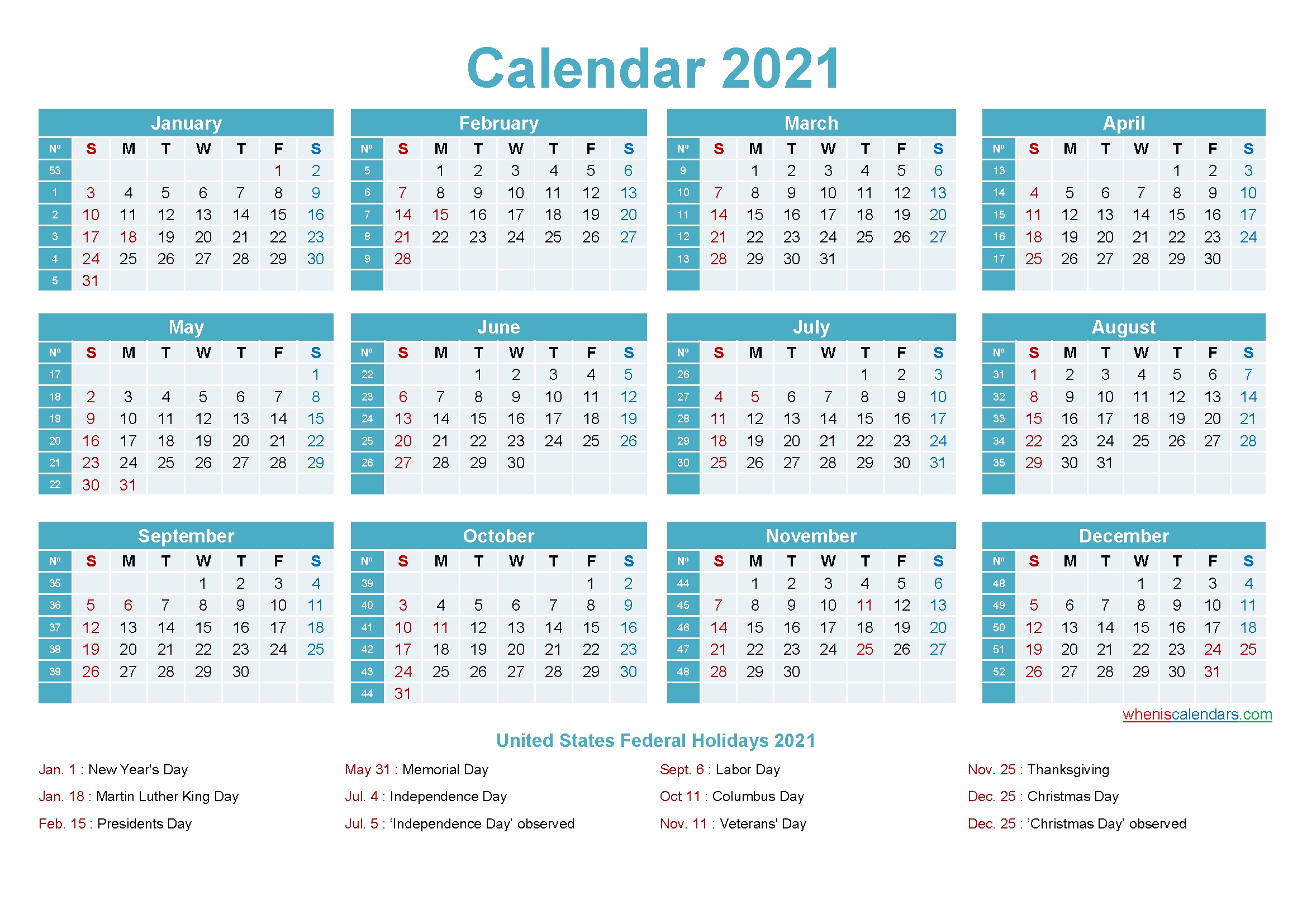 Editable Calendar Template 2021 – Template No.ep21Y12 – Free