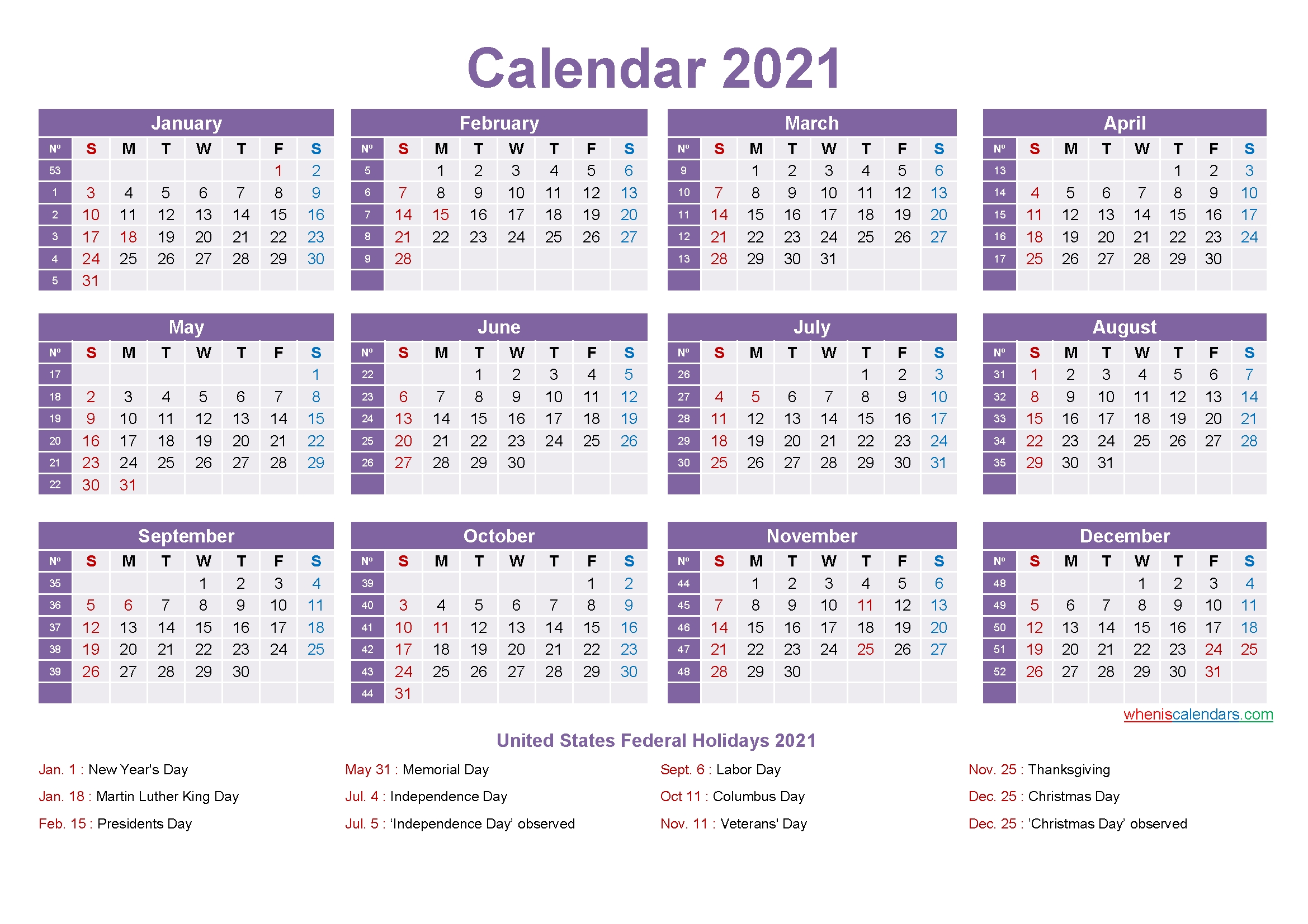 Editable Printable Calendar 2021 – Template No.ep21Y11