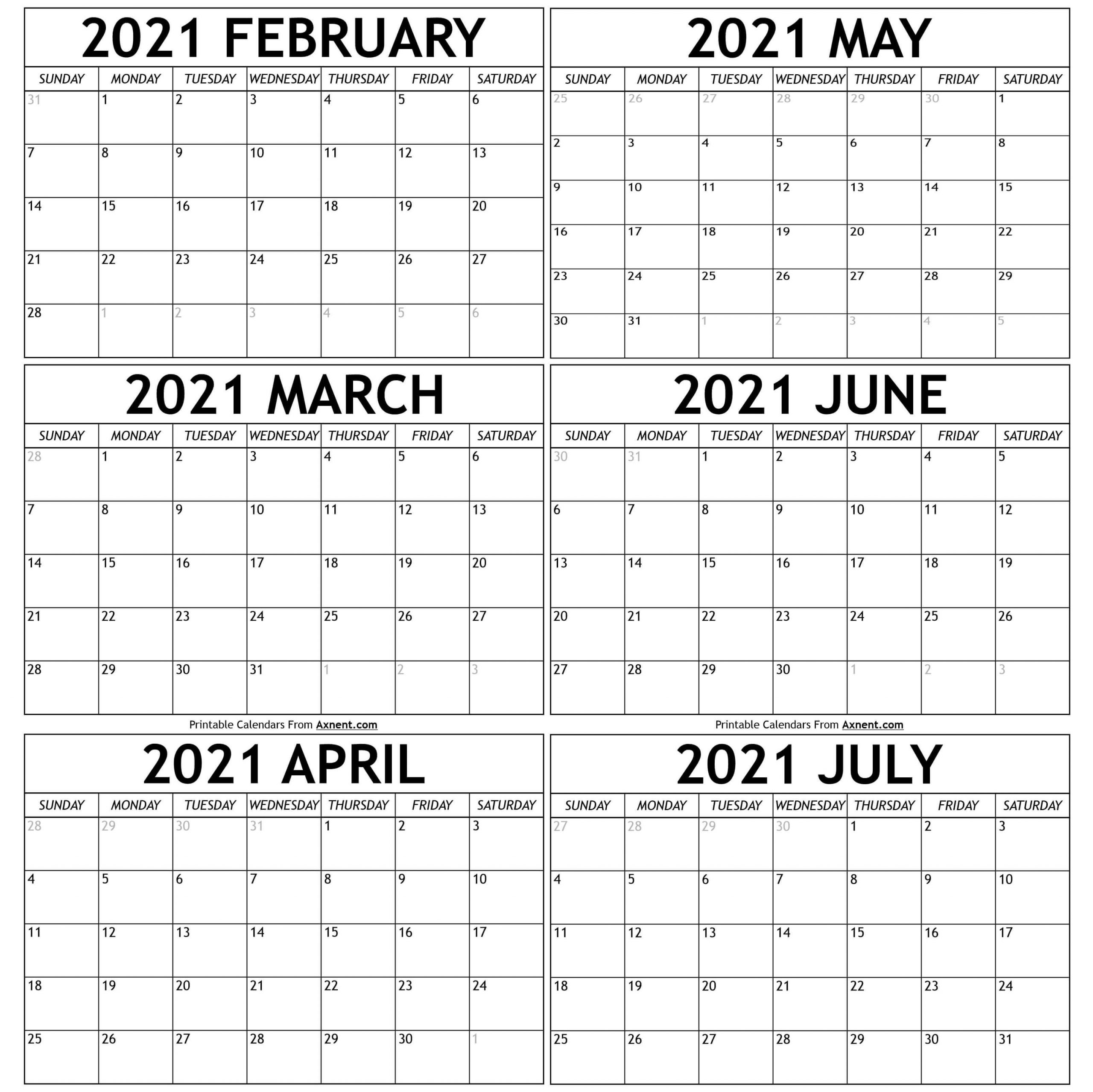 February To July 2021 Calendar Templates - Time Management