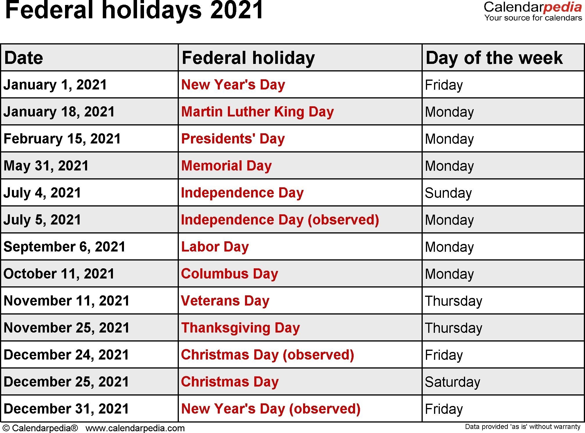 Federal Holidays 2021 Dowload | Holiday Calendar, National