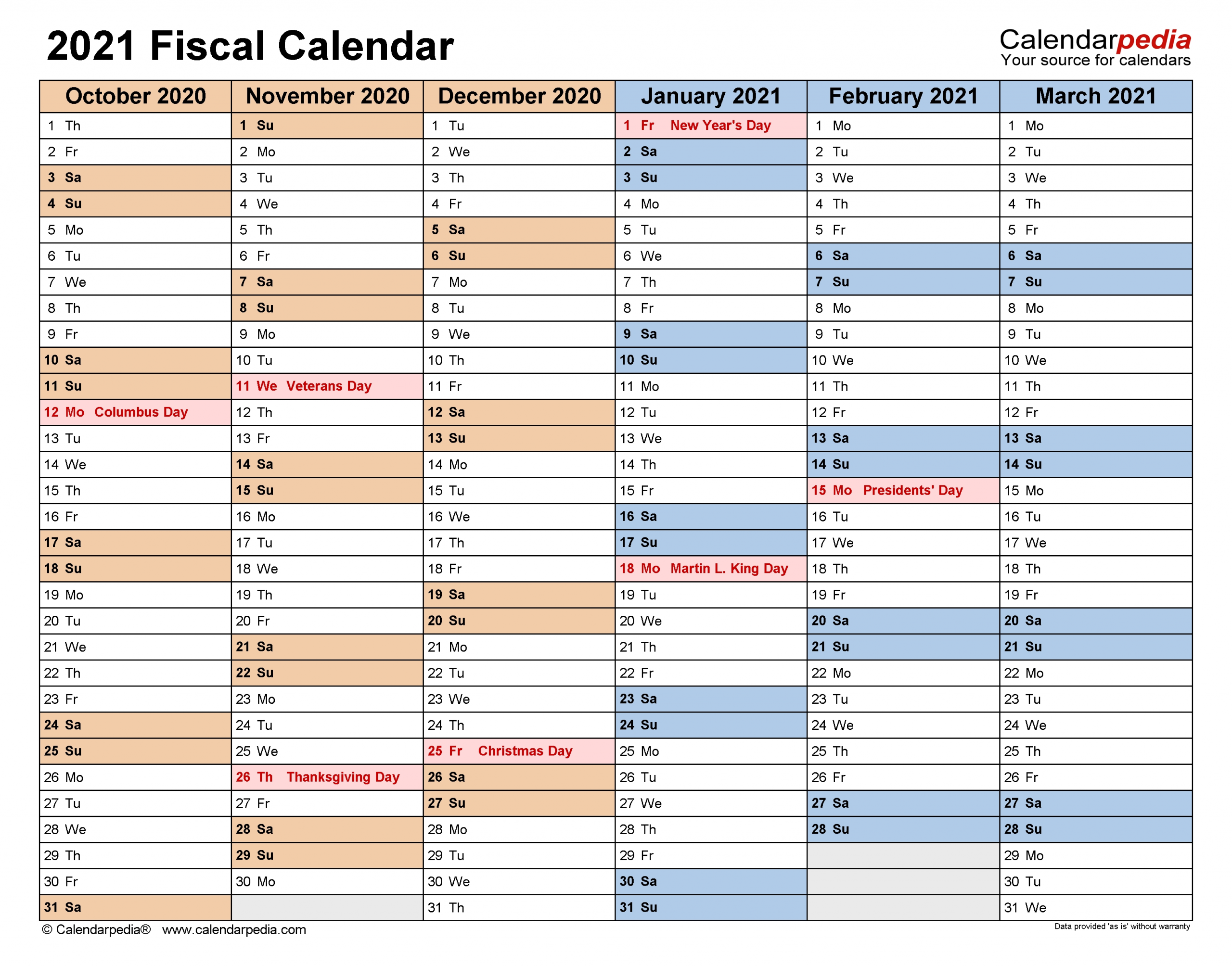 Fiscal Calendars 2021 - Free Printable Pdf Templates