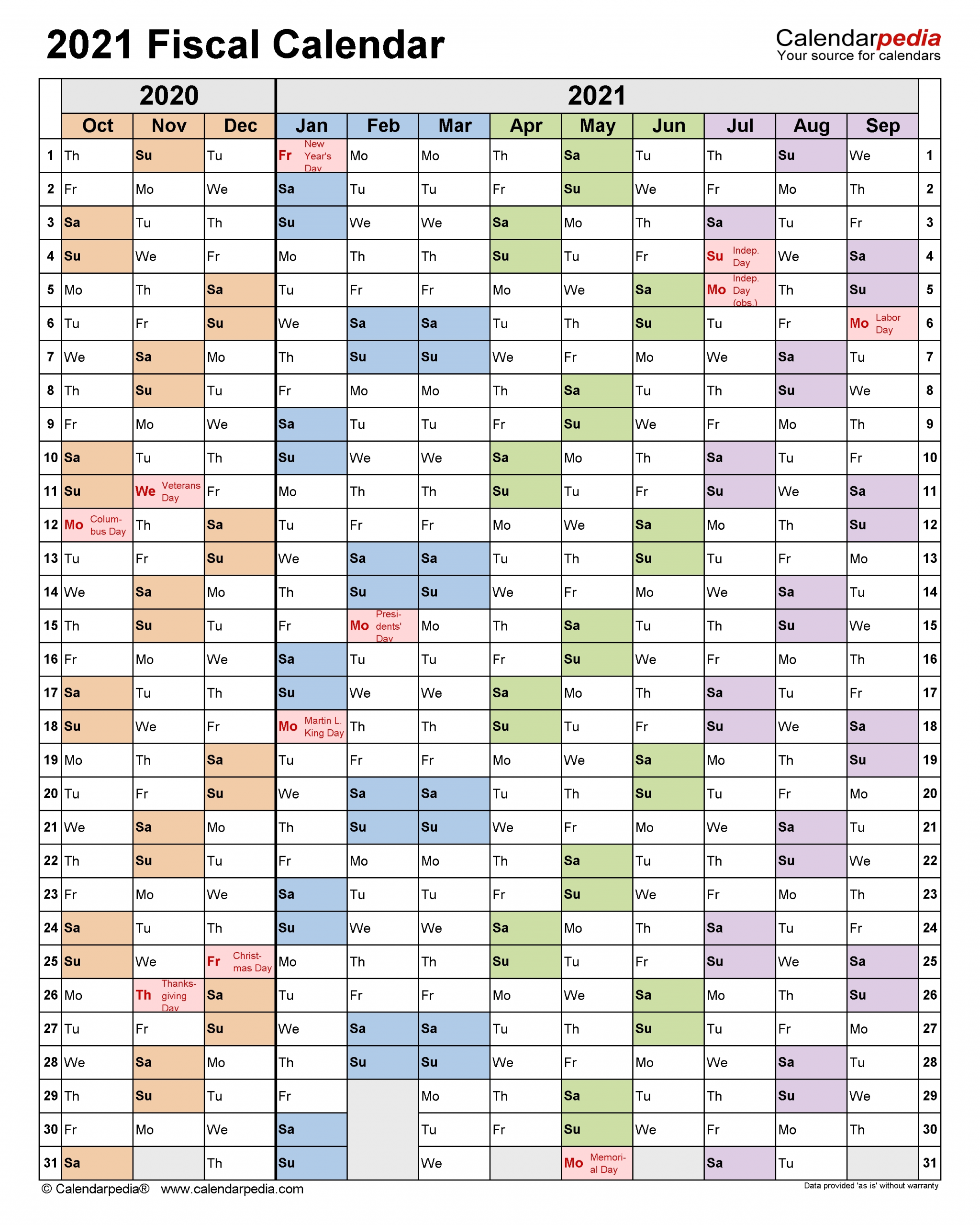 Fiscal Calendars 2021 - Free Printable Pdf Templates