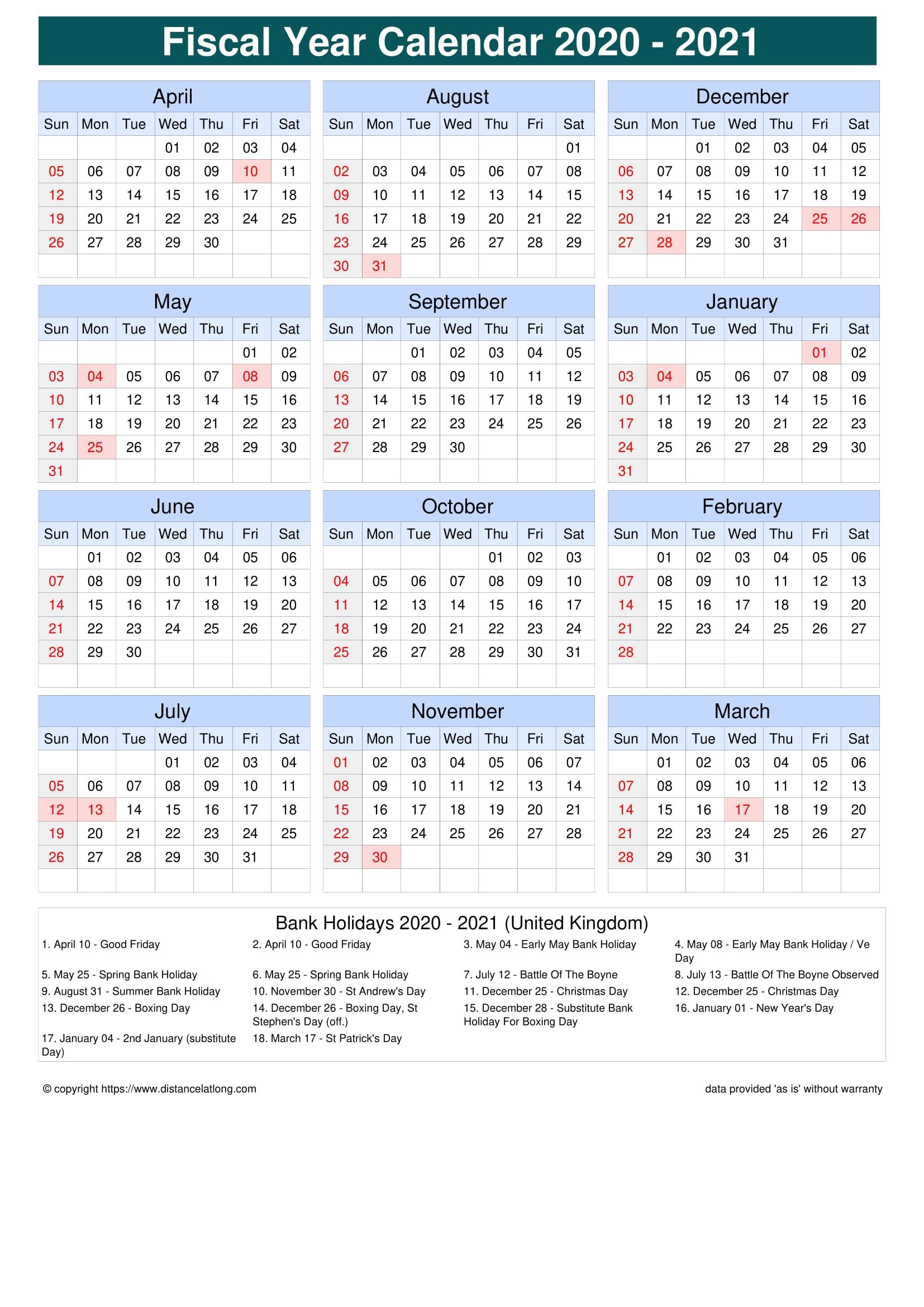 Fiscal Year 2020-2021 Calendar Templates, Free Printable