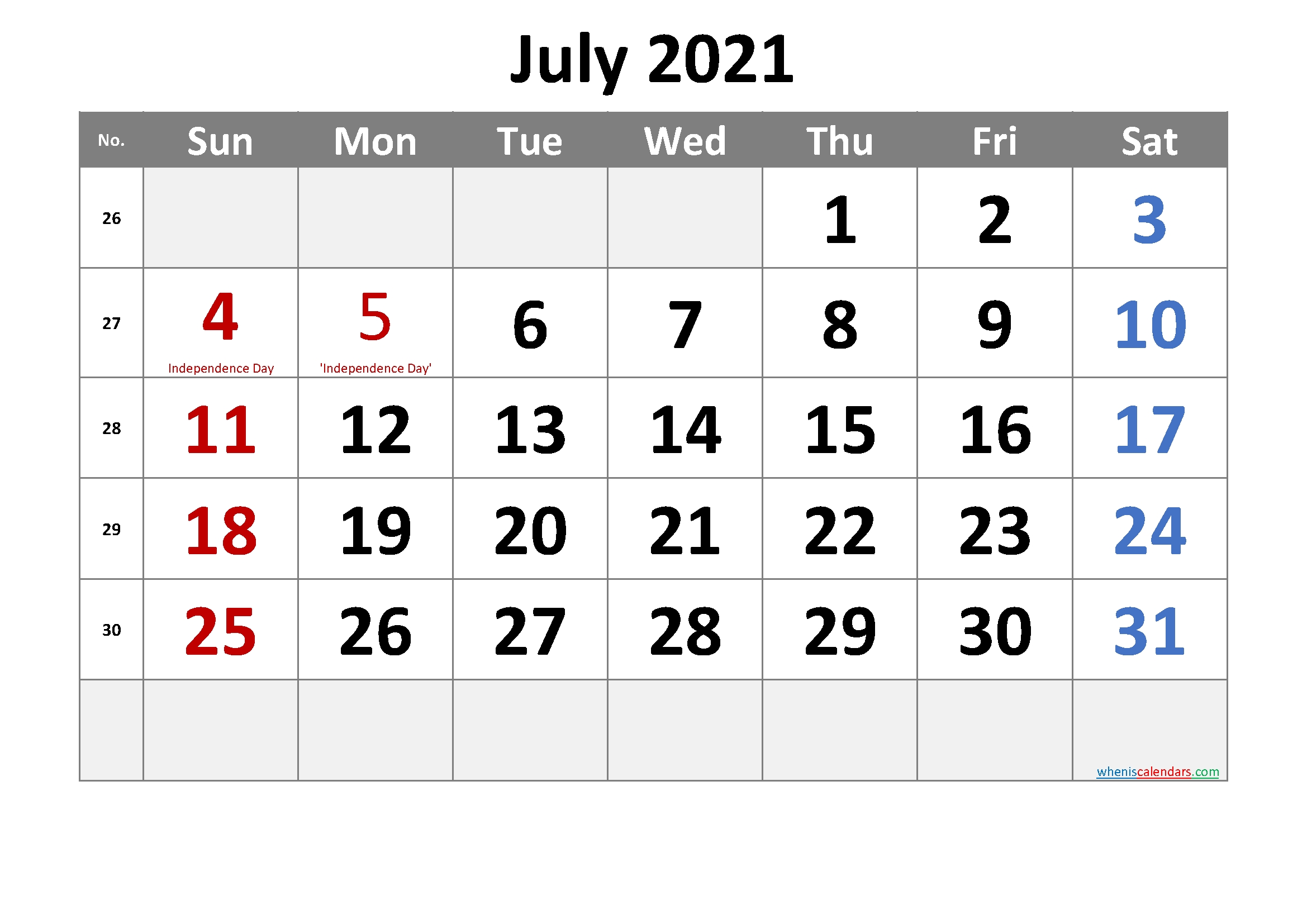 Free July 2021 Monthly Calendar Pdf-Template No.cr21M31