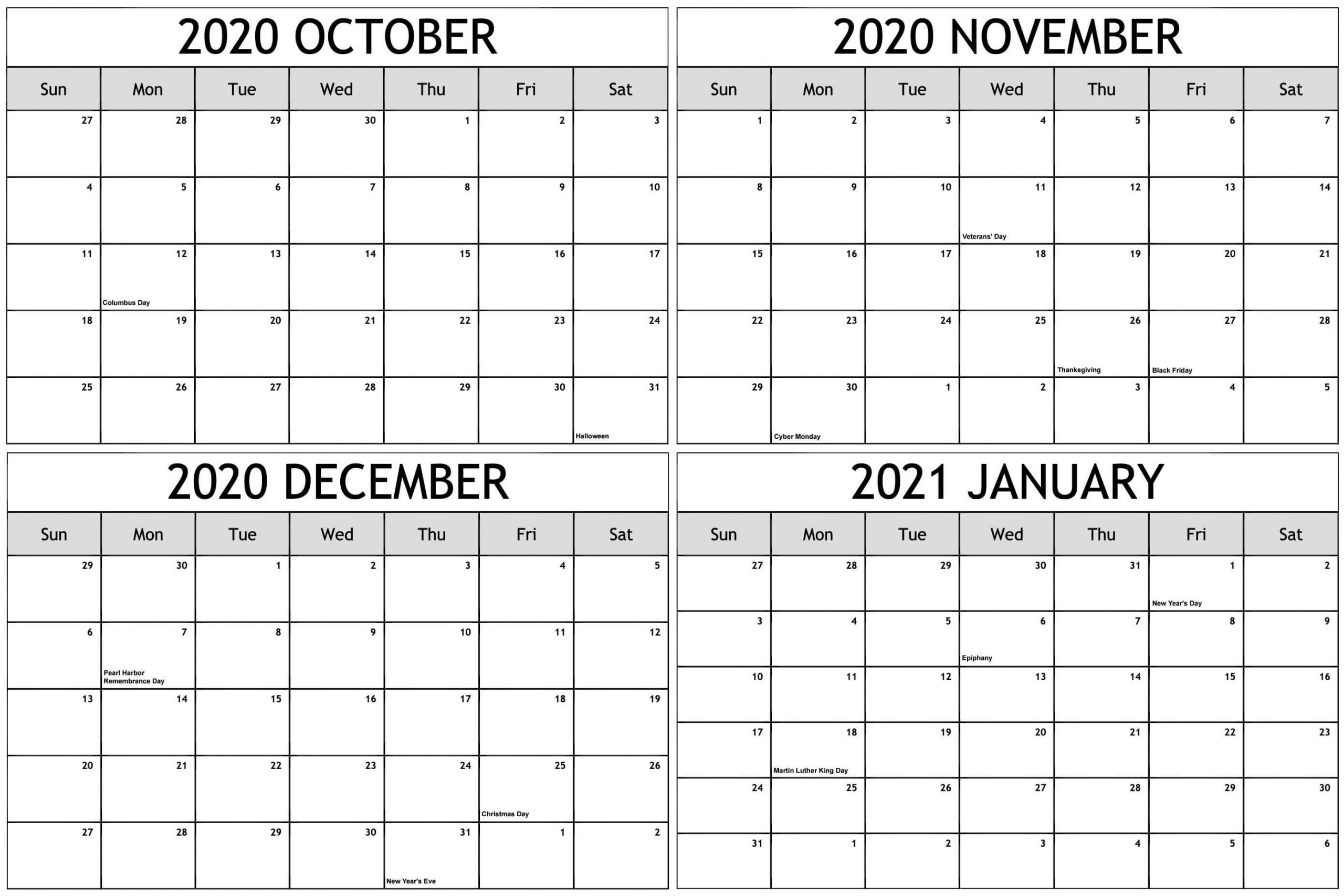 Free October 2020 To January 2021 Calendar | Free Printable