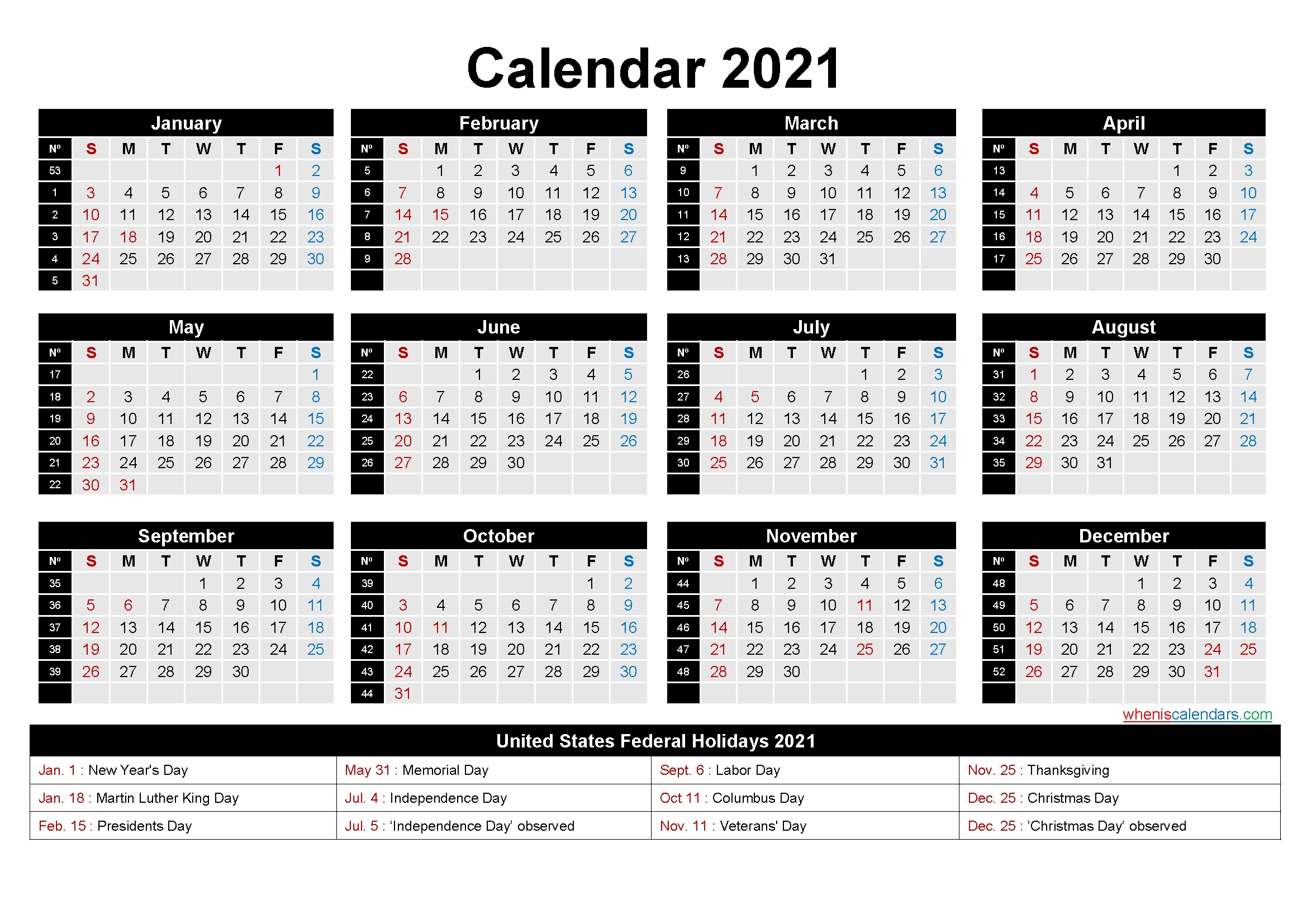 2021 week number calendar